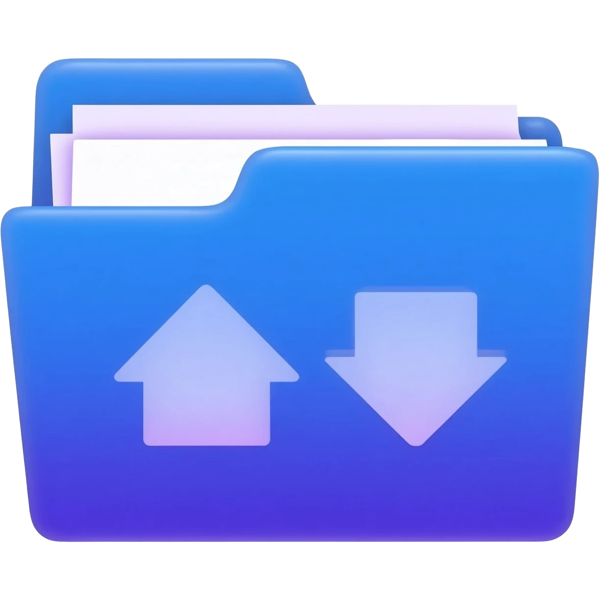 "A blue digital folder placed over a regular file folder, with a soft purple glow effect and an arrow indicating file upload and download with japan word." emoji