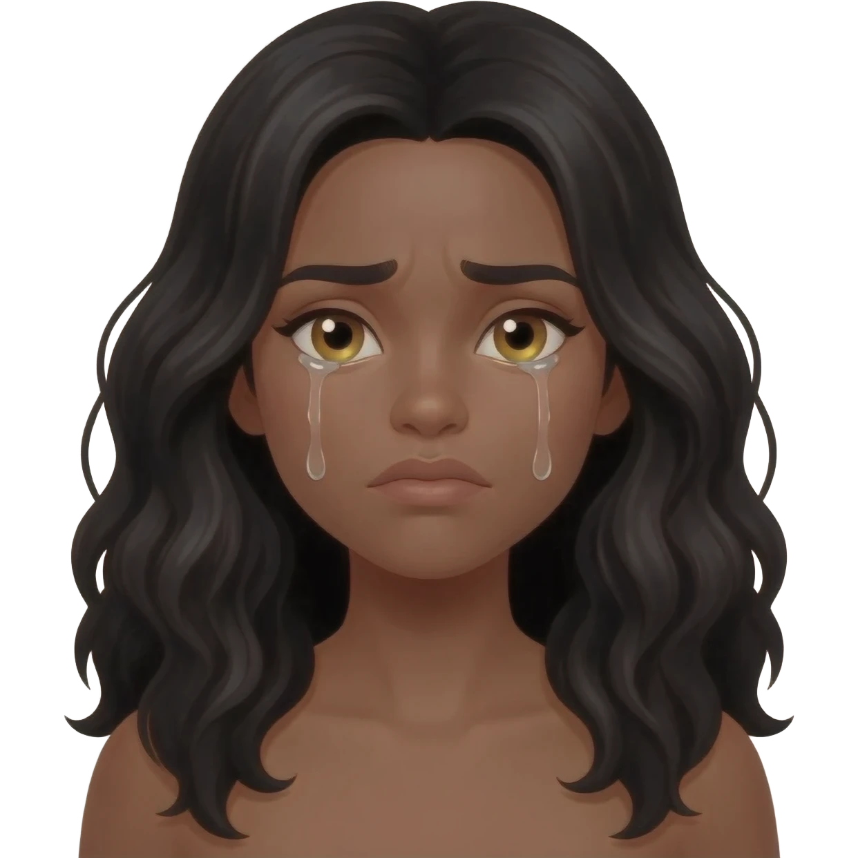 She has brown skin, long wavy black hair, and golden-brown eyes.She has a very sad expression crying with downcast eyes and a slight frown. emoji