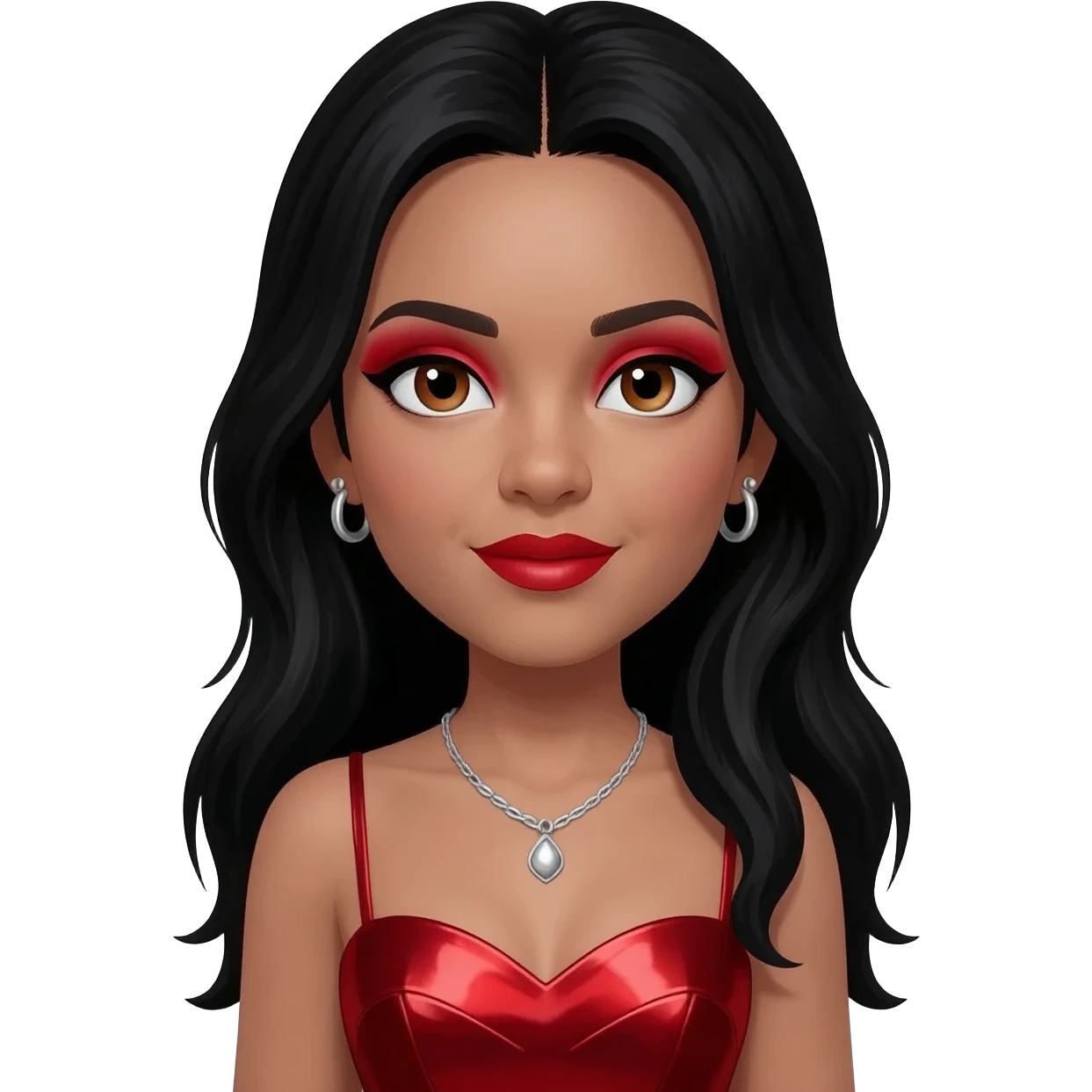 Kiely Williams from 3lw with hazel eyes, long black hair, red eyeshadow and lipstick, red metallic sweetheart dress, silver necklace and earrings emoji