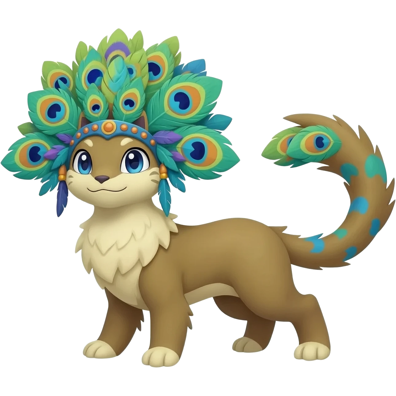  beautiful handsome gorgeous aesthetic colorful vibrant Vernid-Trico-species-Fakemon-creature by LiLaiRa, 4 legs, 1 tail, random markings, (full body) with a peacock-like-feather-headdress emoji