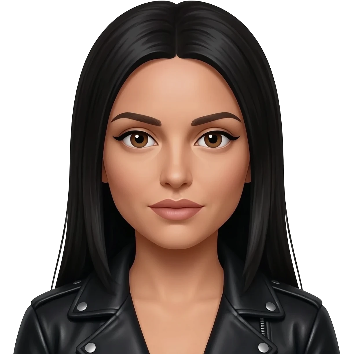 hyperrealistic foto of an italian very white woman with black long straight hair, cheekbones, long nose, slanted eyes, thin lips, eyeliner and black leather jacket that looks like laura pausini emoji