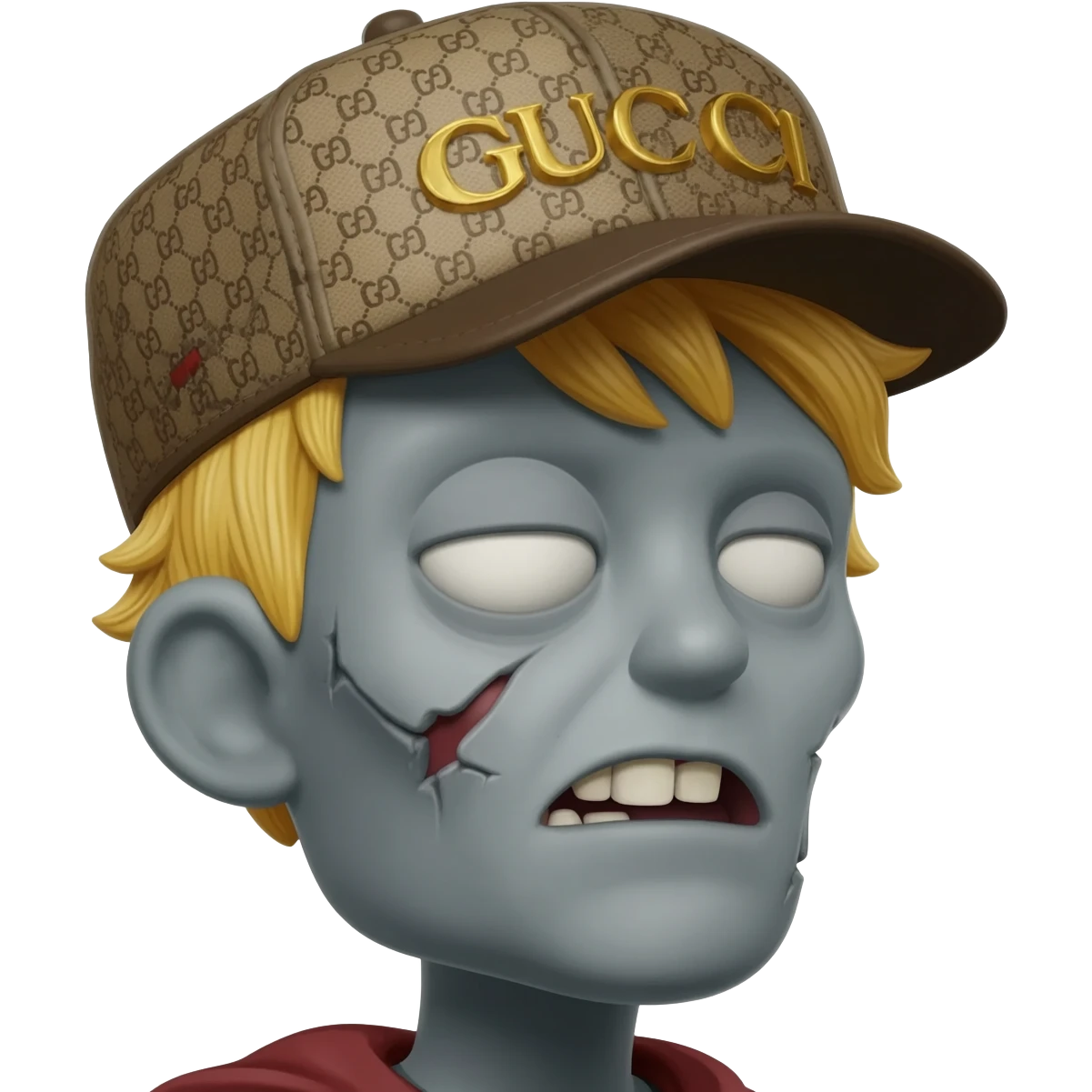 cor de pele cinza, zumbi com o cabelo loiro e um boné da gucci virado de lado emoji