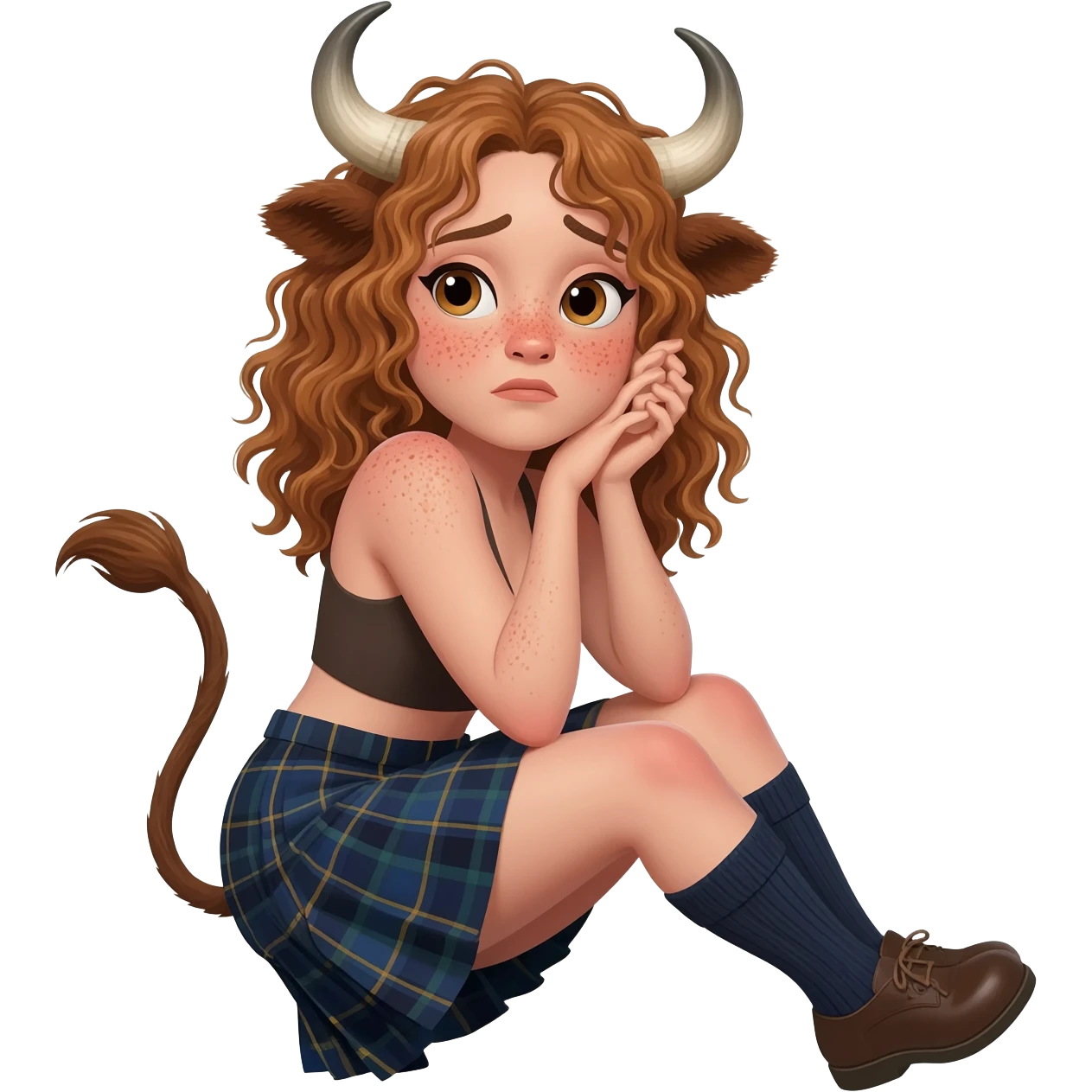shy buff curly woman with frecles with light brown messy hair touches her long brown cow tail with both hands with strong fat thights with cow horns and cow brown ears with big butt in a short scottish kilt and with knee socks and shoes crossed legs very shy expression emoji