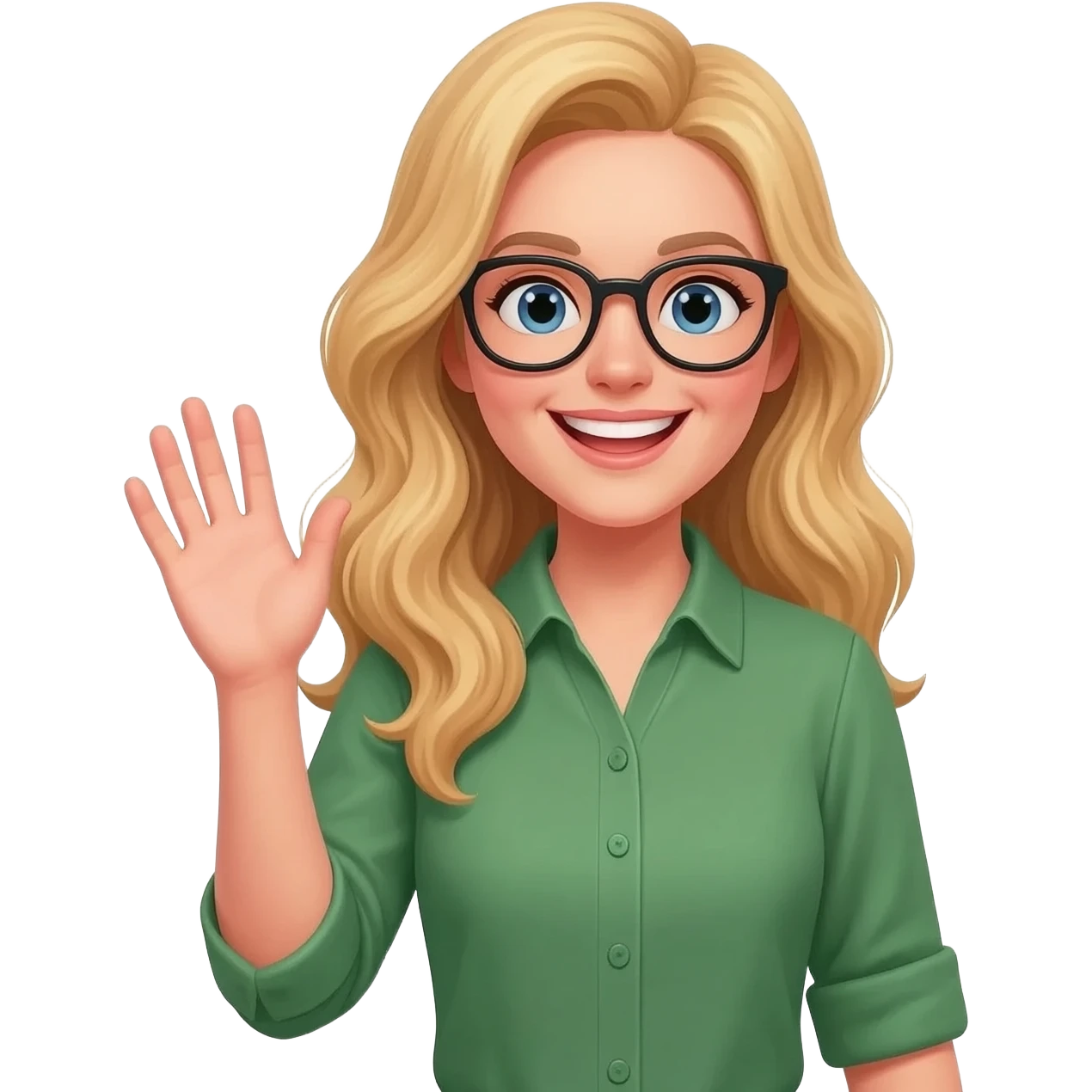 green shirt hand in the air woman with long curly blonde hair an glasses emoji