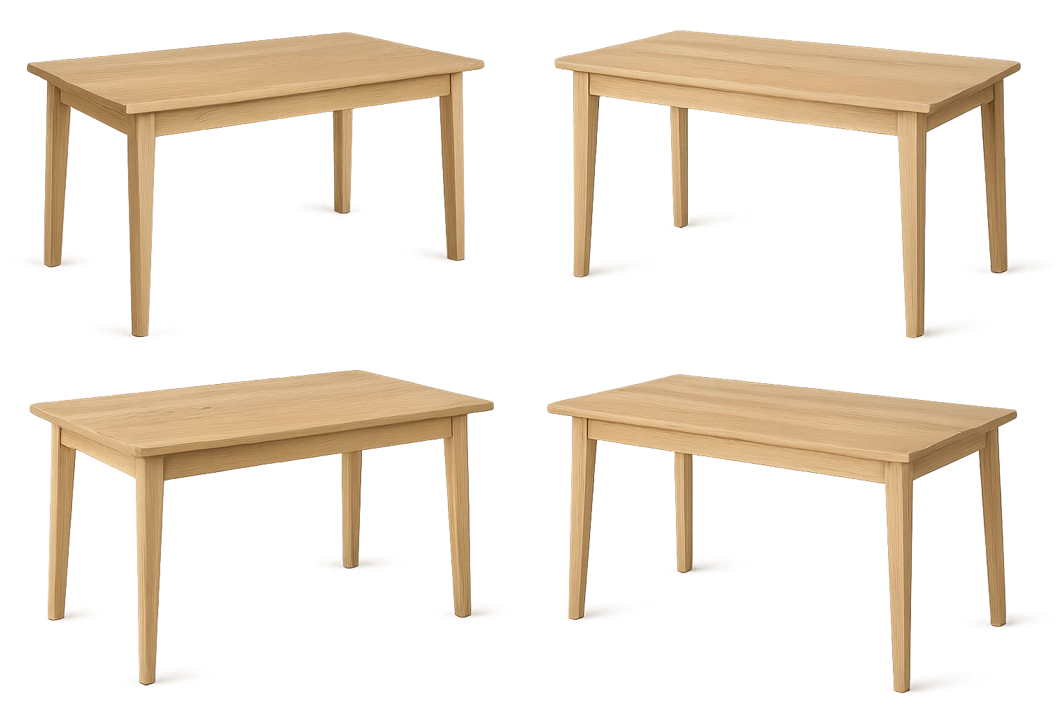 Create multiple variations of a rectangle wooden table with light wood and natural grain texture, no background, focusing on natural and authentic wood appearance. emoji