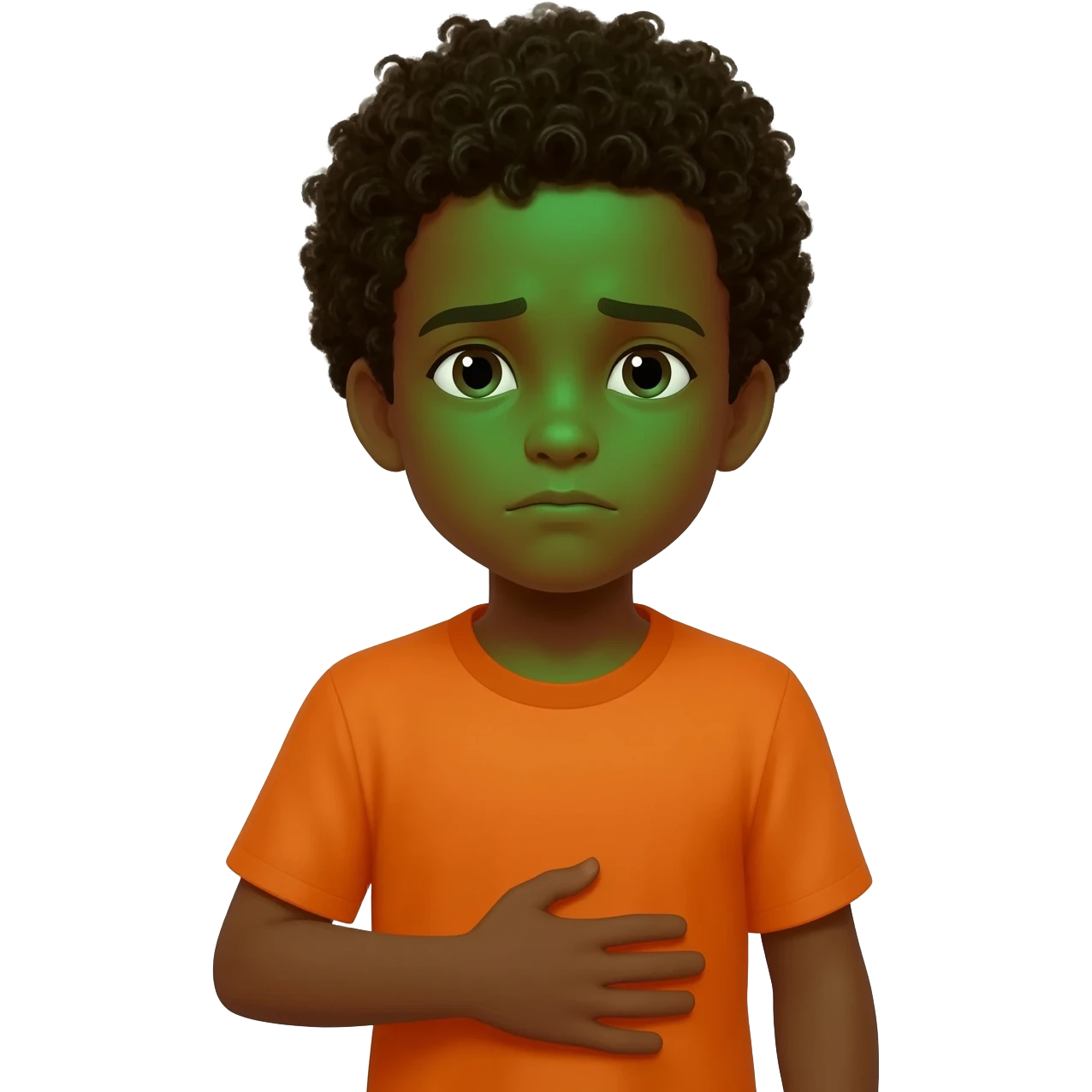 black boy curly hair orange shirt feel sick hand on stomach green face emoji