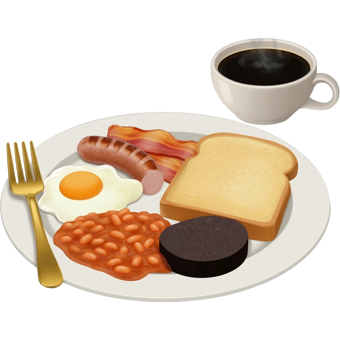 English breakfast full English breakfast with two eggs, bacon, sausage, beans, toast, and tomato оn a beautiful white plate with a gold fork and cup of coffee emoji