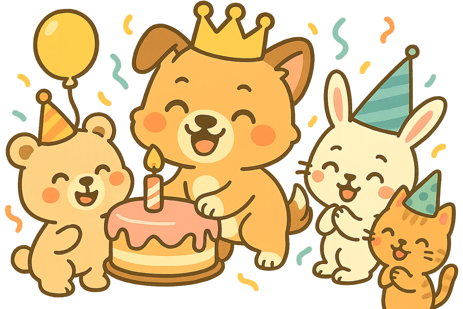 Add party guests around the dog, keeping the chibi sticker style, festive and cheerful, with no background. emoji