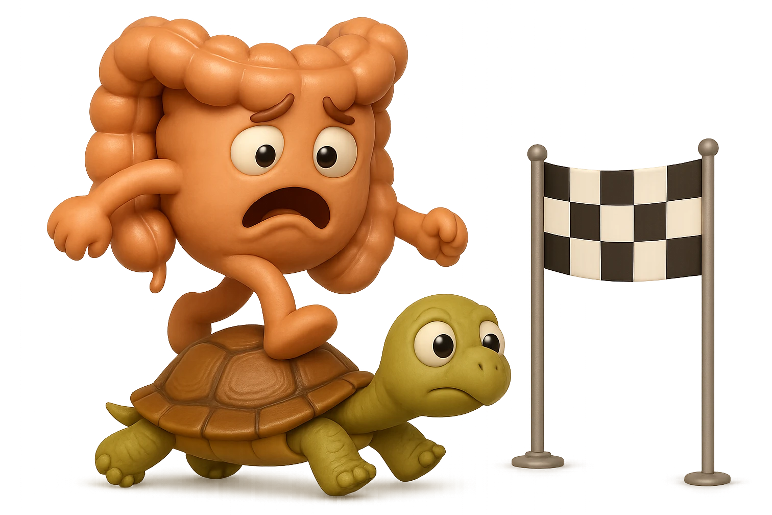  EMOJI STILE IPHONE 3D DI UN INTESTINO CON ESPRESSIONE ANGOSCIATA CHE CAMMINA SUL GUSCIO DI UNA TARTARUGA IN ATTESA ESTENUANTE DI RAGGIUNGERE UN TRAGUARDO POCO PIù AVANTI, SULLA LORO DESTRA. IL TRAGUARDO è UNA BANDIERA A DUE PIEDI CON FASCIA A SCACCHI BIANCHI E NERI. iperrealistico 4k emoji