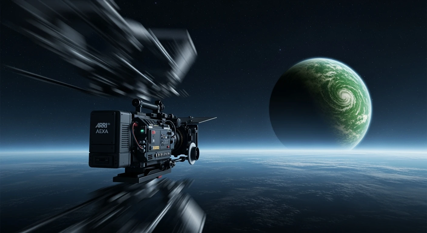 cinematic still, motion blur shutter speed, establishing shot in space showing green planet in distance, inspired by StarWars movie, captured by arri alexa  emoji