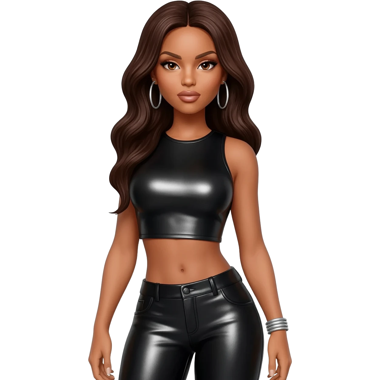 LeToya Luckett with long dark brown hair, black metallic crop top, black metallic pants, silver earrings emoji