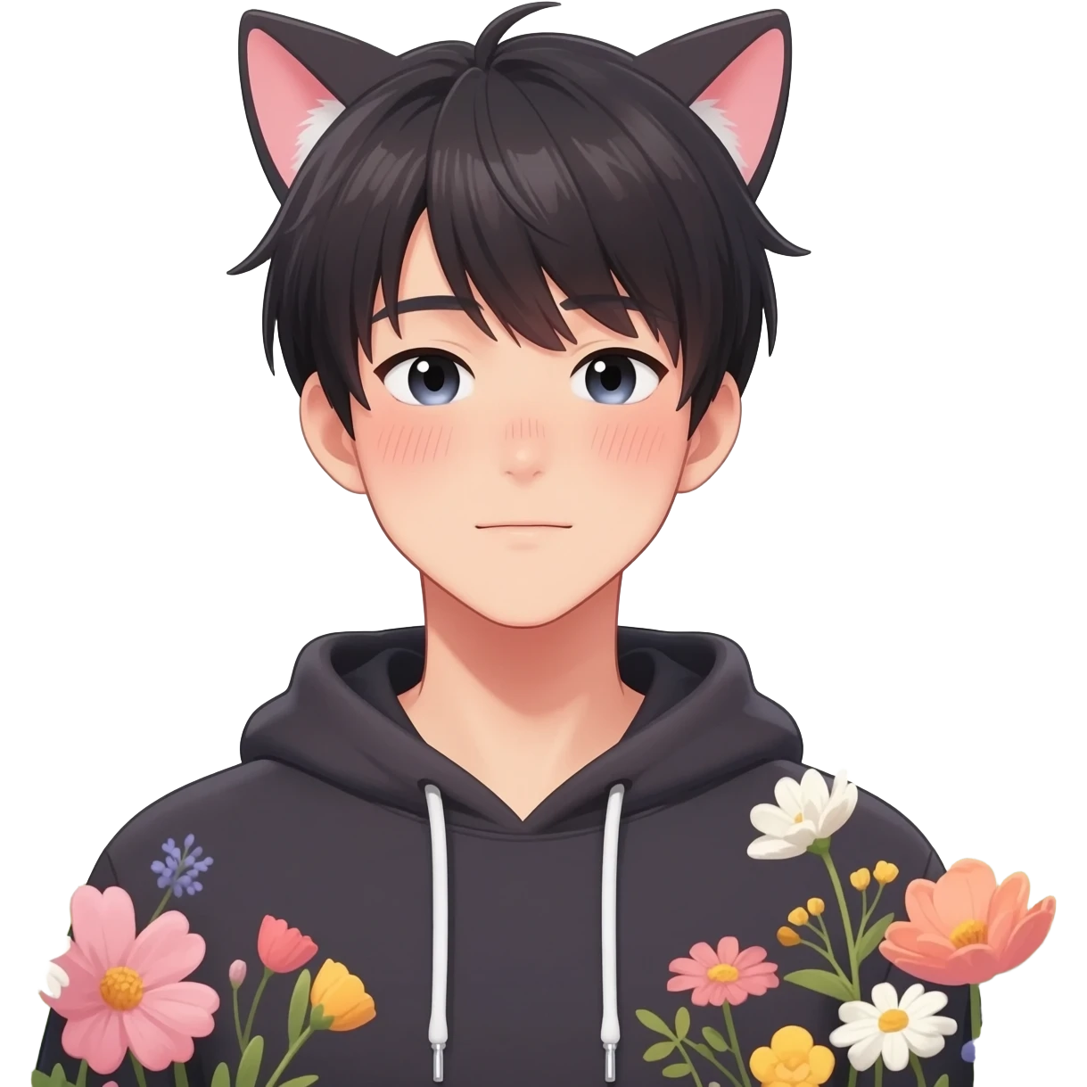 Gorgeous romantic anime style Asian shojo guy with cat ears and flowers and blushing face and hoodie aesthetic trending style outside emoji