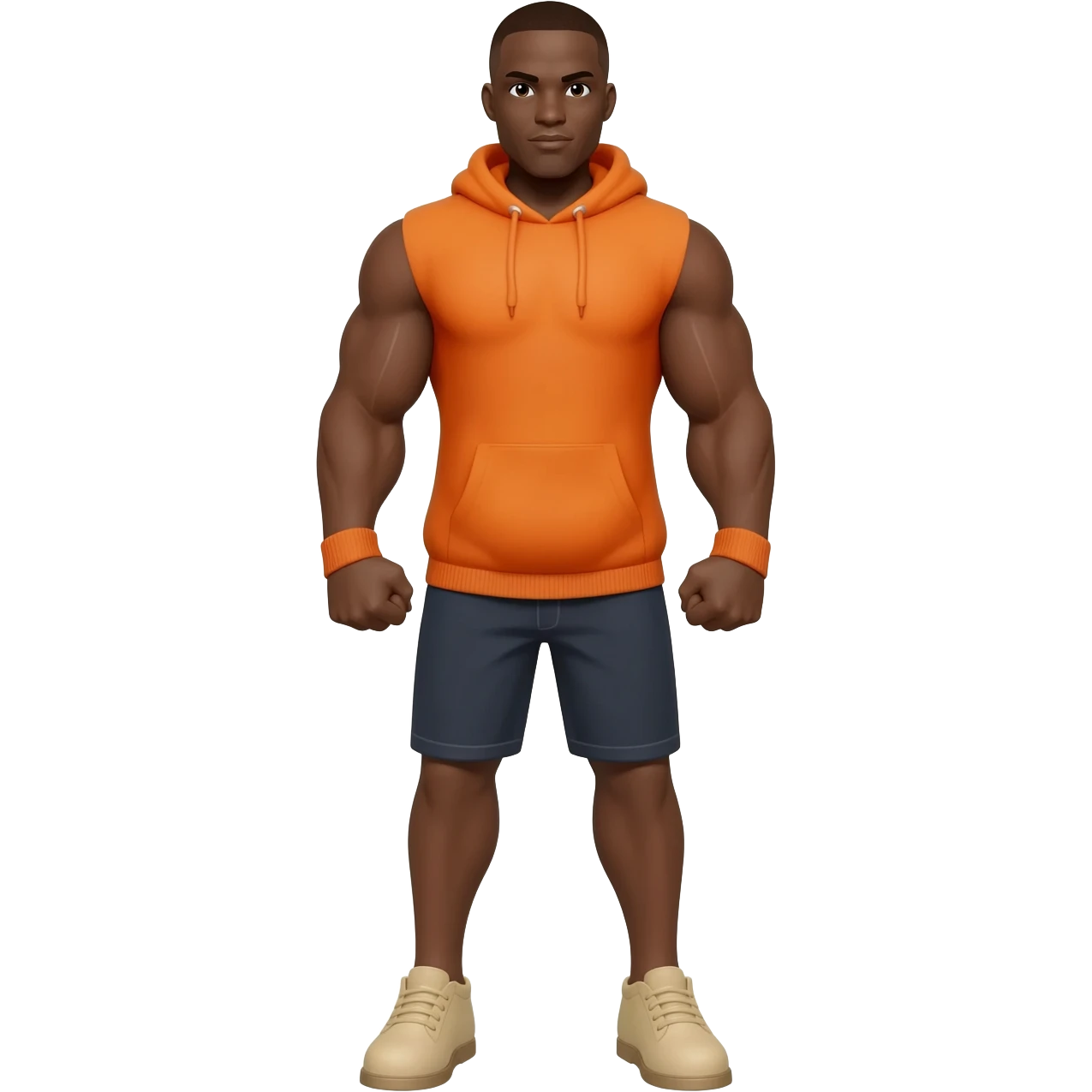 Black male look superstrong and big arms orange hoodie and beige shoes full body emoji