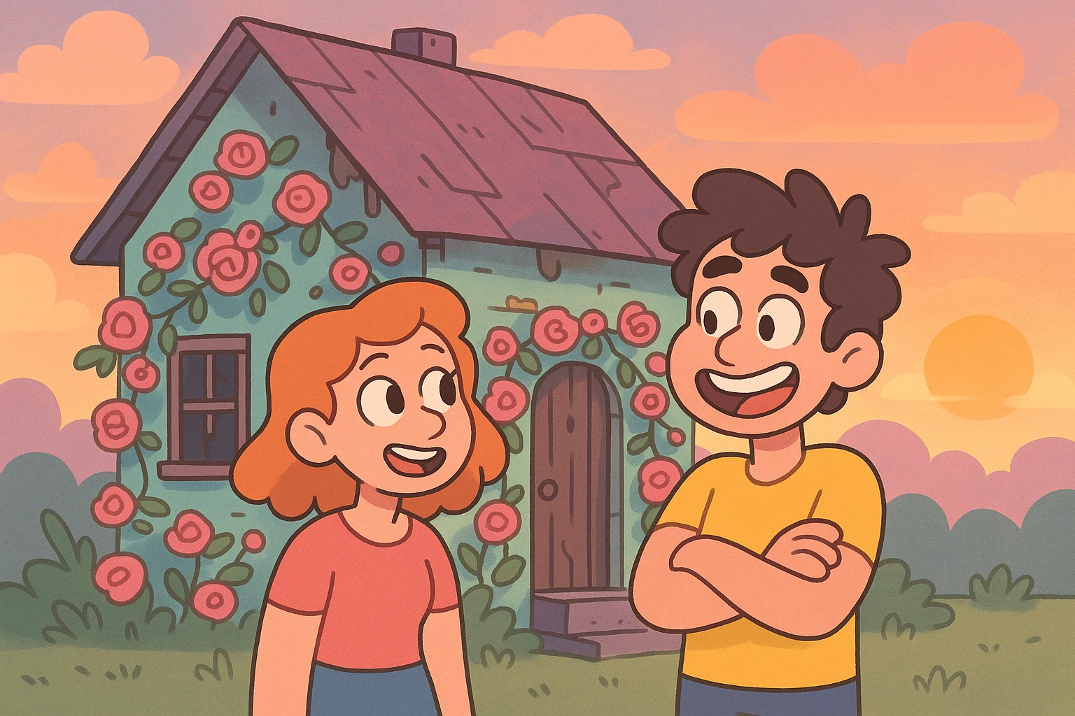 shabby house with pink roses and a sunset, all in pastel colors, soft and dreamy atmosphere emoji