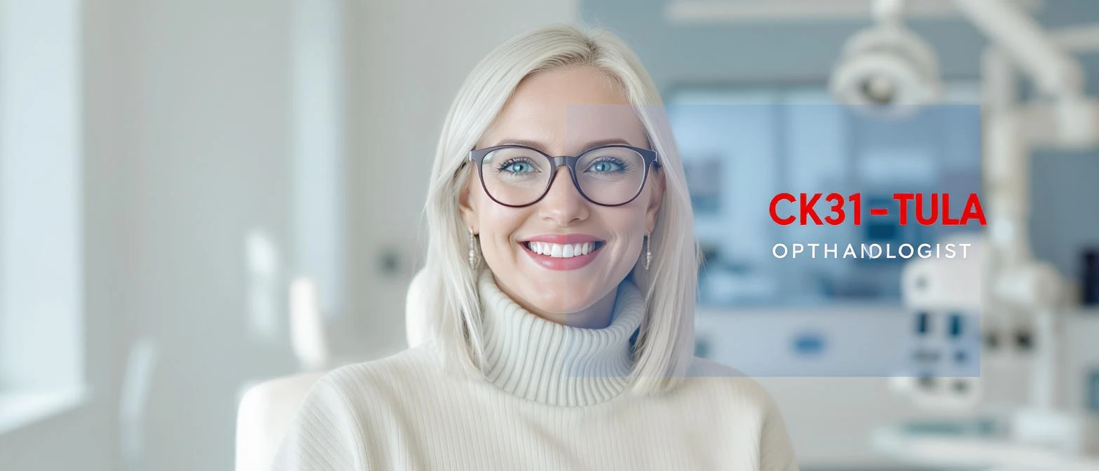 Cinematic still, Proffesional advertising of a smiling european white woman with glasses smiling, minimalistic ophthalmologist interior in background, leading  lines, "rule of thirds", 60/30/10 colors, soft light, blue and red emoji