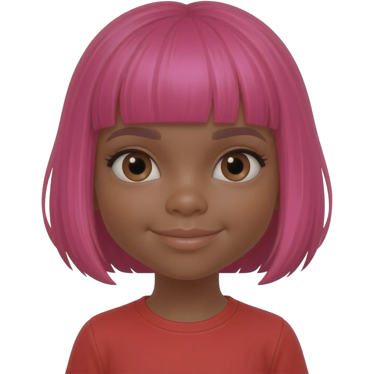 Black young girl hot pink bob hair cut with hot pink bangs With a red shirt brown eyes emoji