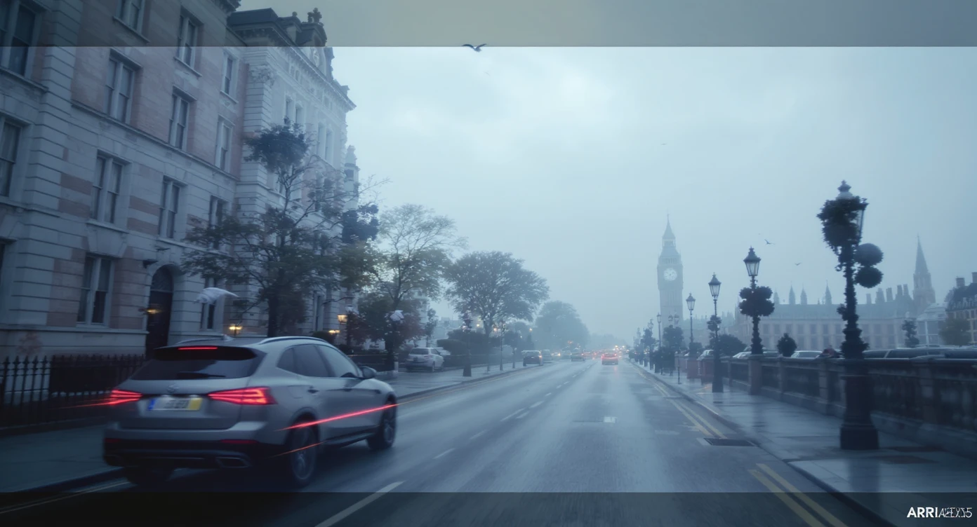 Cinematic shot of a london street, cloudy foggy day, soft light, car flying, leading lines to big ben in distance, multi composition, in foreground blurred car, on second street around UK bulding, od another plan in distance big ben, birds flying, artistic look, captured on arri alexa 35, blue hour emoji
