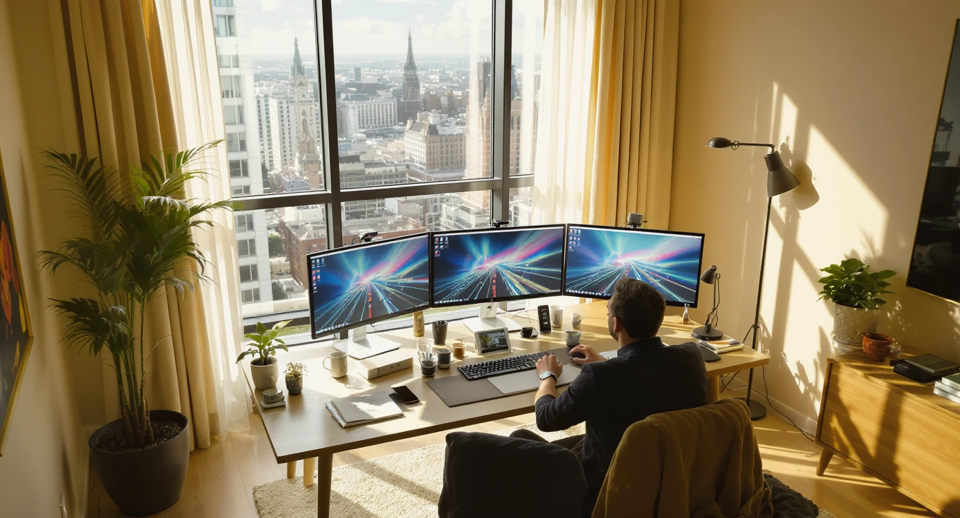 Cinematic shot of a creative director work on tripple display setup PC, top dutch angle, Warm bright vibe, modern clean expensive huge room minimalistic apartament, model is dress like designer, morning, big window, advertising vibe, captured on arri alexa emoji