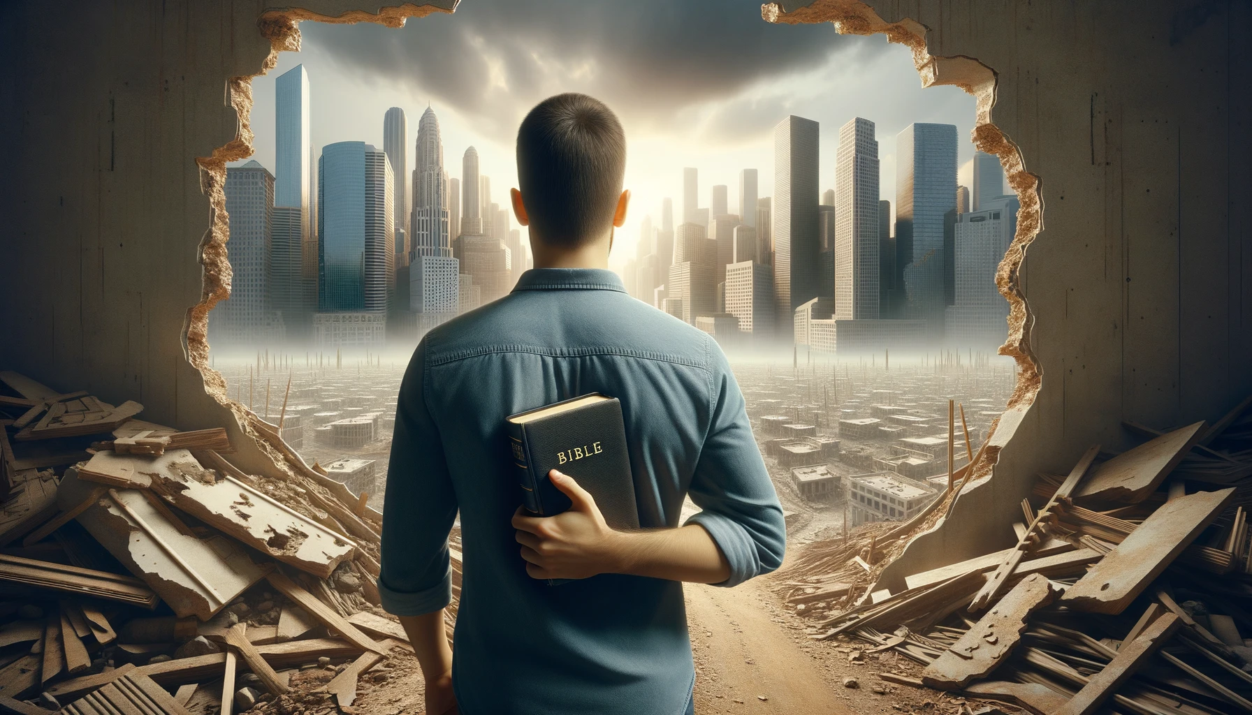 UOMO DI SPALLE DAVANTI AD UNA CITTà SMANTELLATA SENZA MURA CON UNA BIBBIA IN MANO, GUARDA LA CITTà, IPERREALISTICO 4K emoji