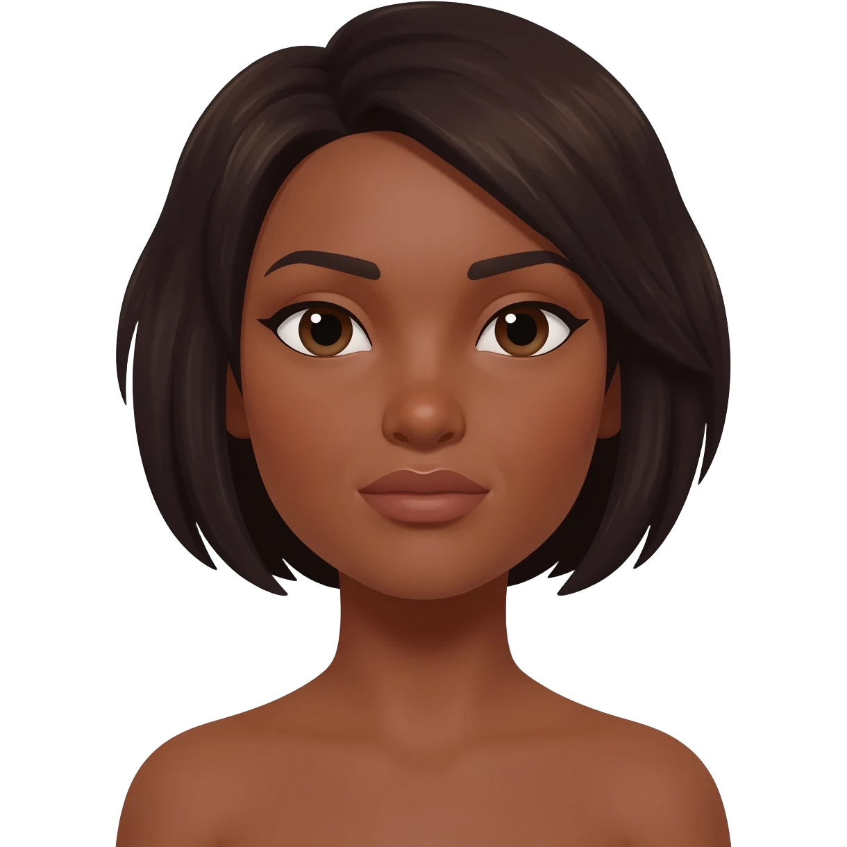 Mujer morena pelo corto oscuro ojos pequeños nariz gruesa labios medianos emoji