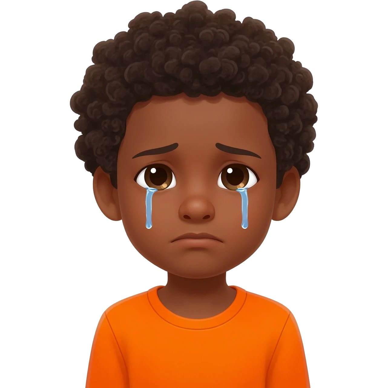 black boy curly hair orange shirt sad crying emoji