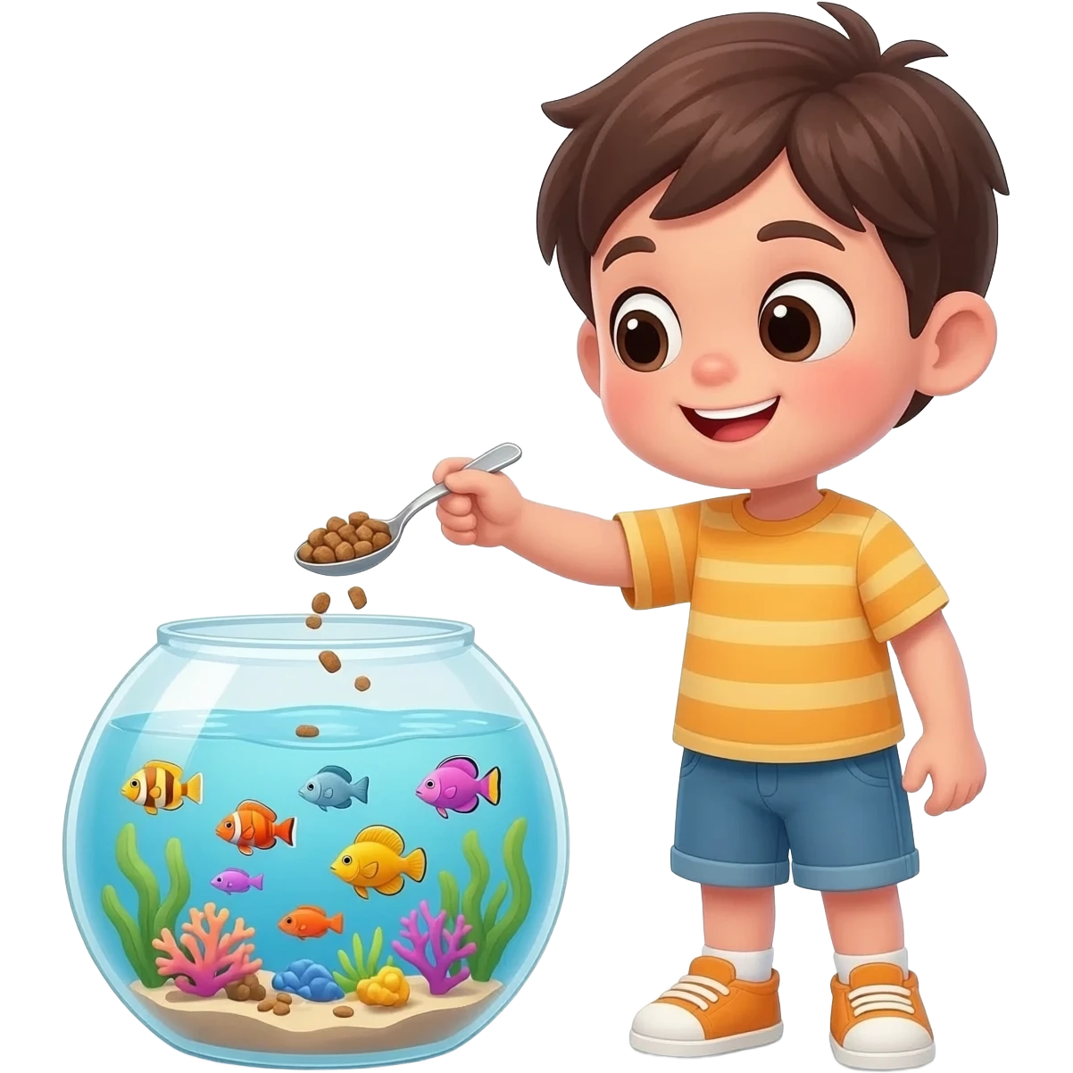 kid feeding fish food in the fish bowl emoji
