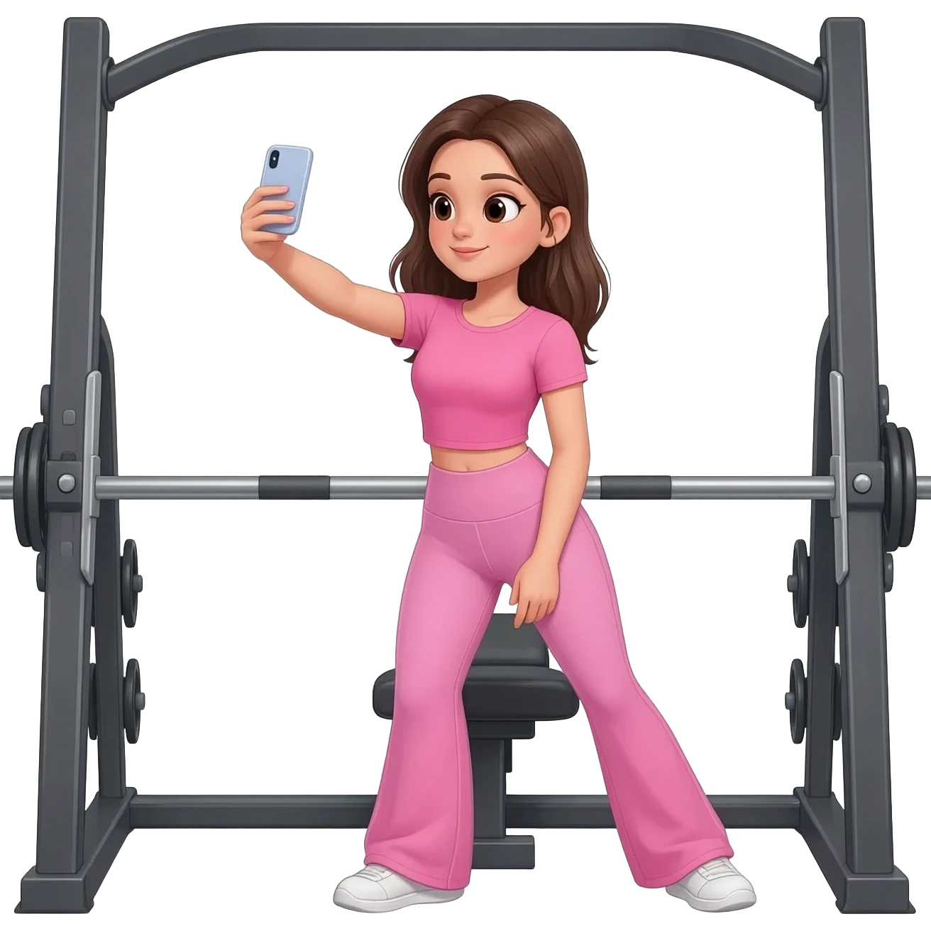 A girl wearing a pink workout set which is fitted tshirt pink, and wide leg leggings that are flowy on a hip trust on smith machine that is posing and taking a selfie emoji