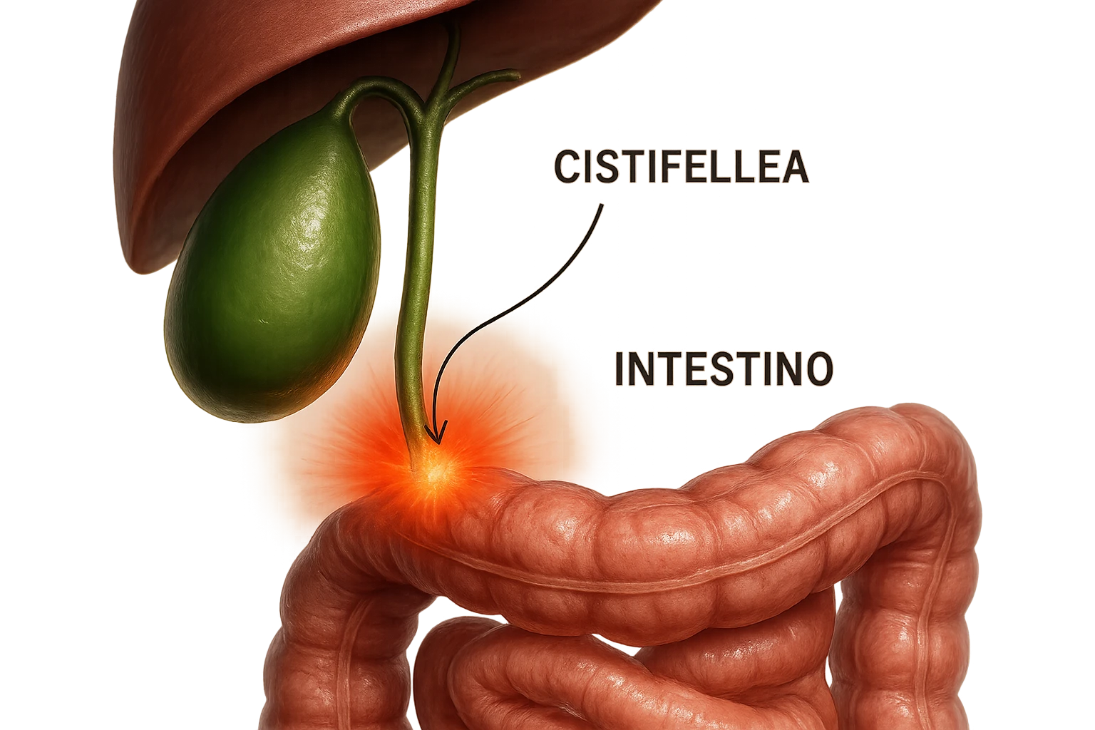 CISTIFELLEA E INTESTINO SONO COLLEGATI NEL DOLORE, iperrealistico 4k emoji