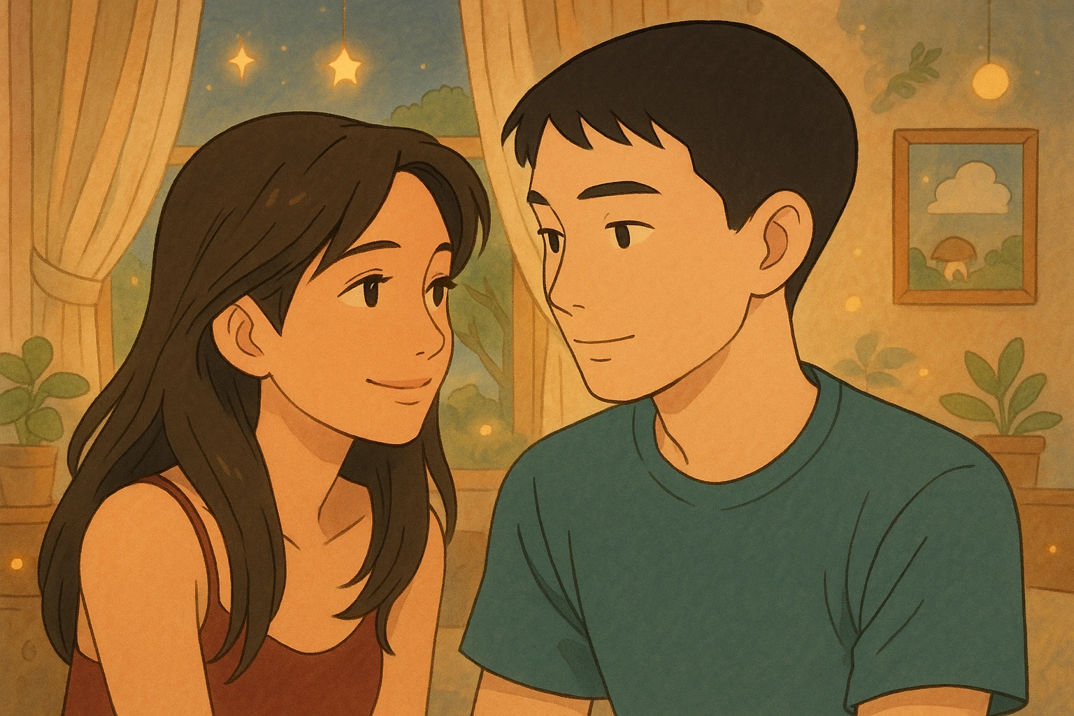 Transform these two lovers into Ghibli style with a warm atmosphere, soft and luminous illustration, romantic decor inspired by Miyazaki films. emoji