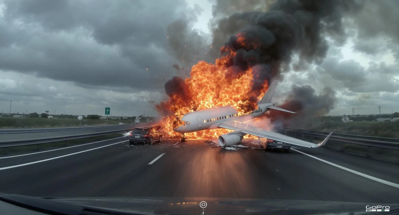 Realistic camshot of a plane crash on highway, captured by gopro hero]\ emoji