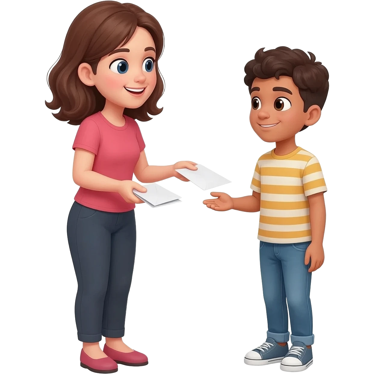 woman handing out leaflets and talking to young person - not childish style emoji