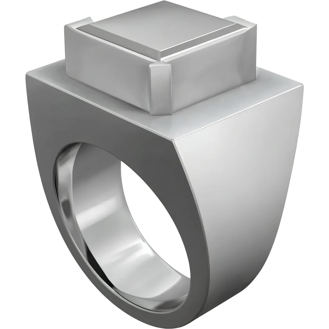 A heavy, masculine signet ring made of brushed platinum. The flat surface is blank, highly polished chrome, acting as a mirror. The design is architectural and severe, with sharp geometric edges. 3D isometric render. emoji