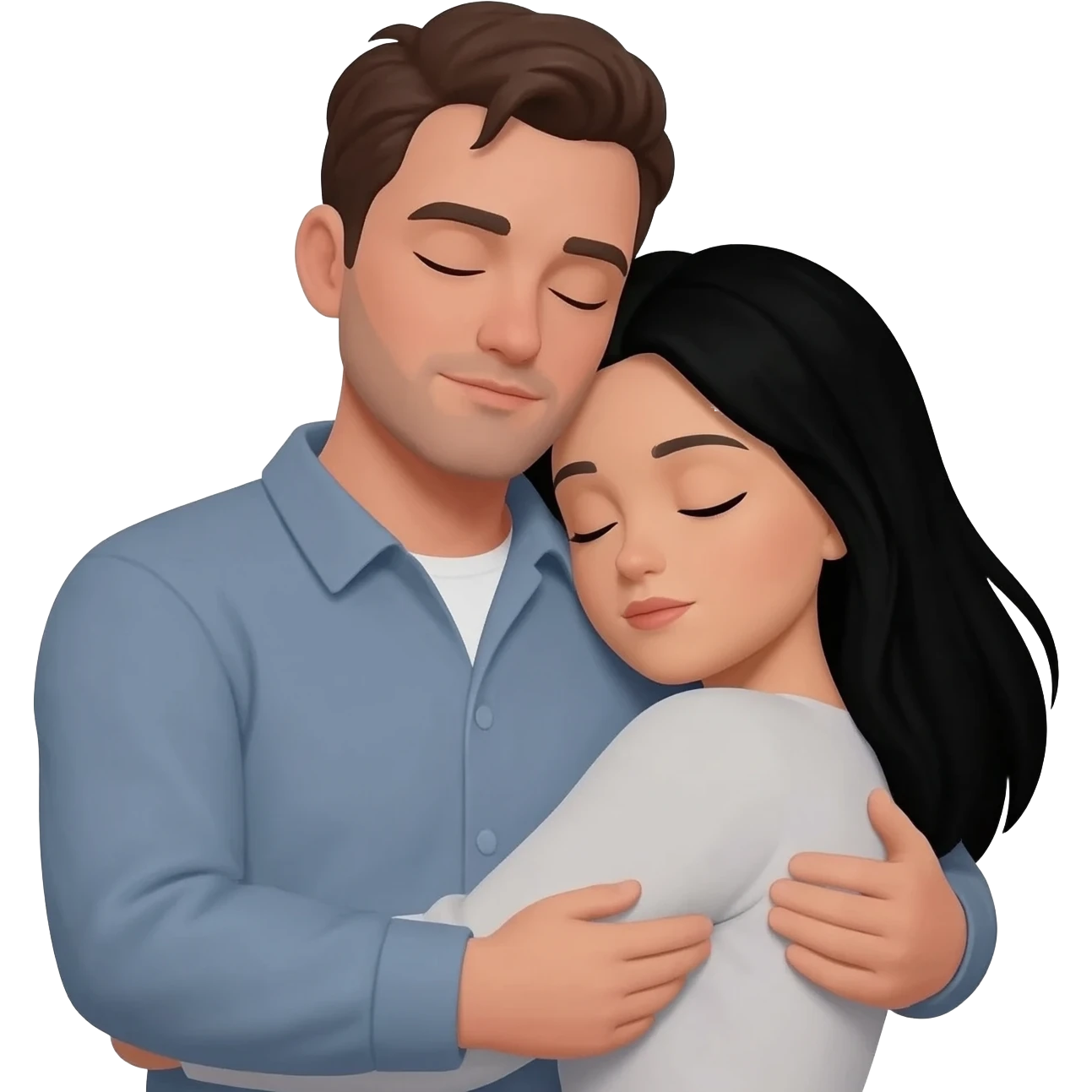 Create an emoji image of a man sleeping in the arms of a woman with black hair. He is lying on top of her and hugging her with both arms, and she is also hugging him with both of her arms while they sleep. emoji