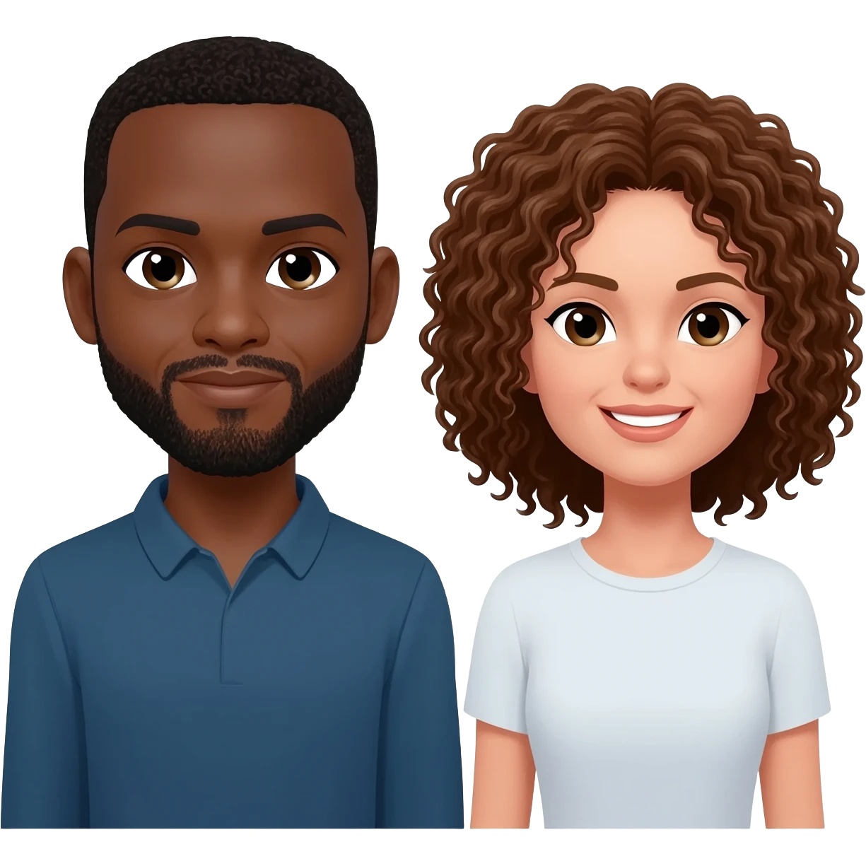 Homem negro com barbicha e mulher branca com cacheado castanho emoji