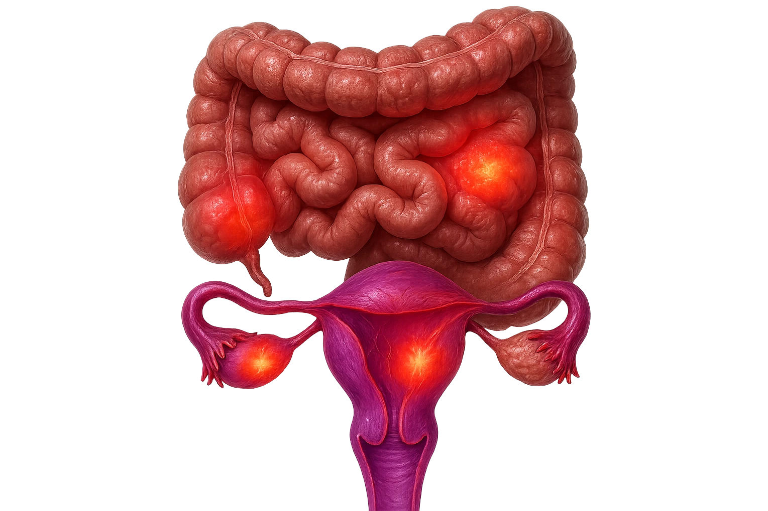 utero umano anatomico iperrealistico e intestino umano anatomico iperrealistico hanno in comune il dolore e l'infiammazione, rendi bene il collegamento tra i due organi doloranti, falla iperrealistica, non disegnata, fai colori che si adattano a questo viola #971ef1 emoji