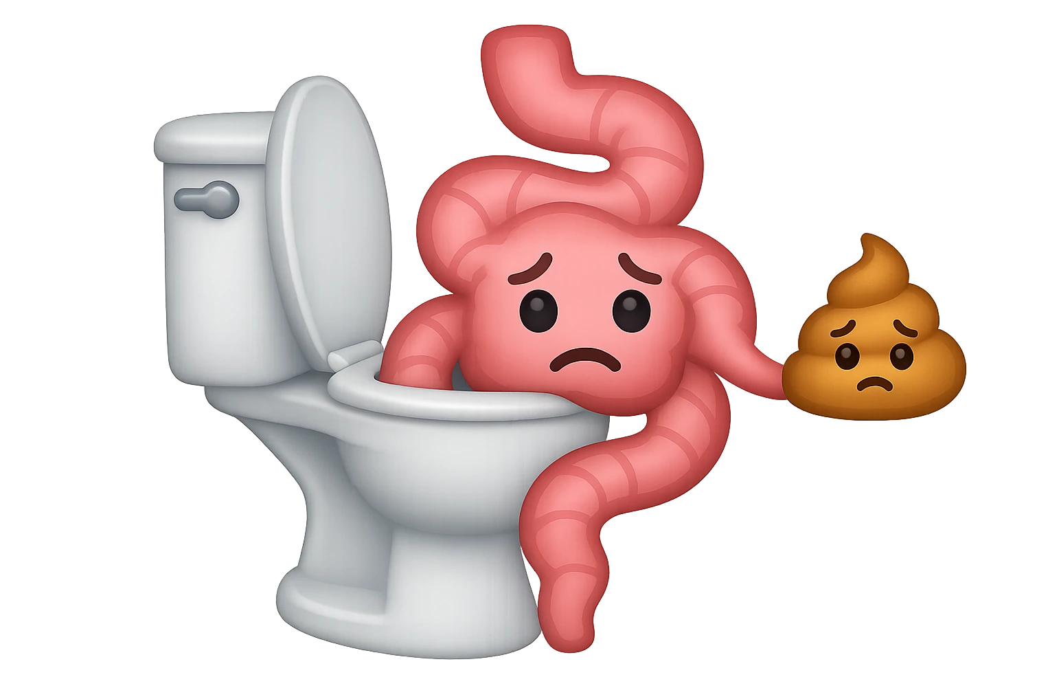 emoji stile iphone di un intestino che esce dal wc con in mano una montagnetta di feci con espressione triste a palline emoji