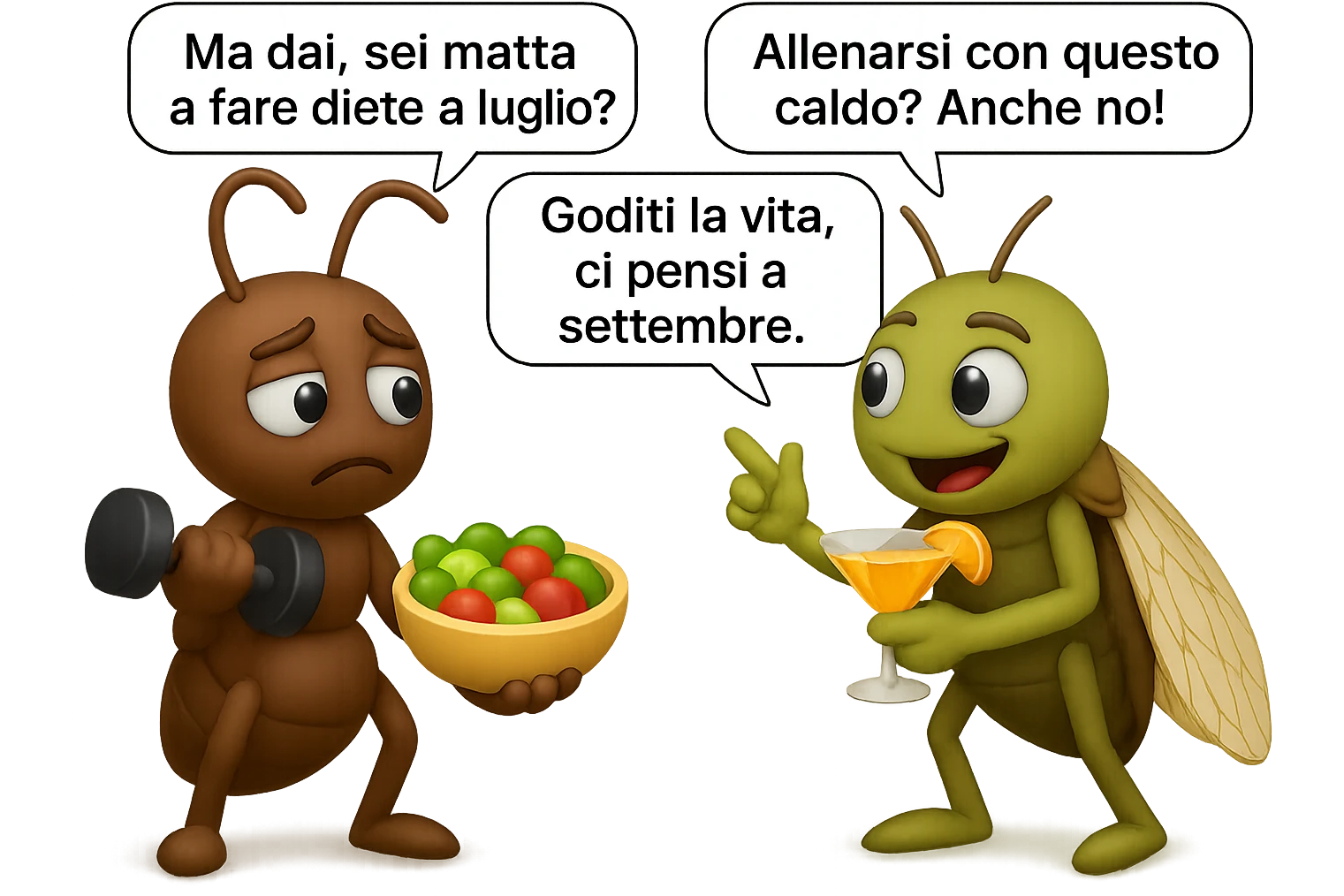 EMOJI STILE IPHONE 3D DI una cicala e una formica che parlano tra loro, la formica ha nella mano destra un manubrio da palestra e nella nella mano sinistra una bowl di insalata, la cicala invece ha un cocktail in mano, la cicala prende in giro la formica E LE DICE IN 3 FUMETTI DIFFERENTI: "Ma dai, sei matta a fare diete a luglio?”
“Allenarsi con questo caldo? Anche no!”
“Goditi la vita, ci pensi a settembre.”
 emoji