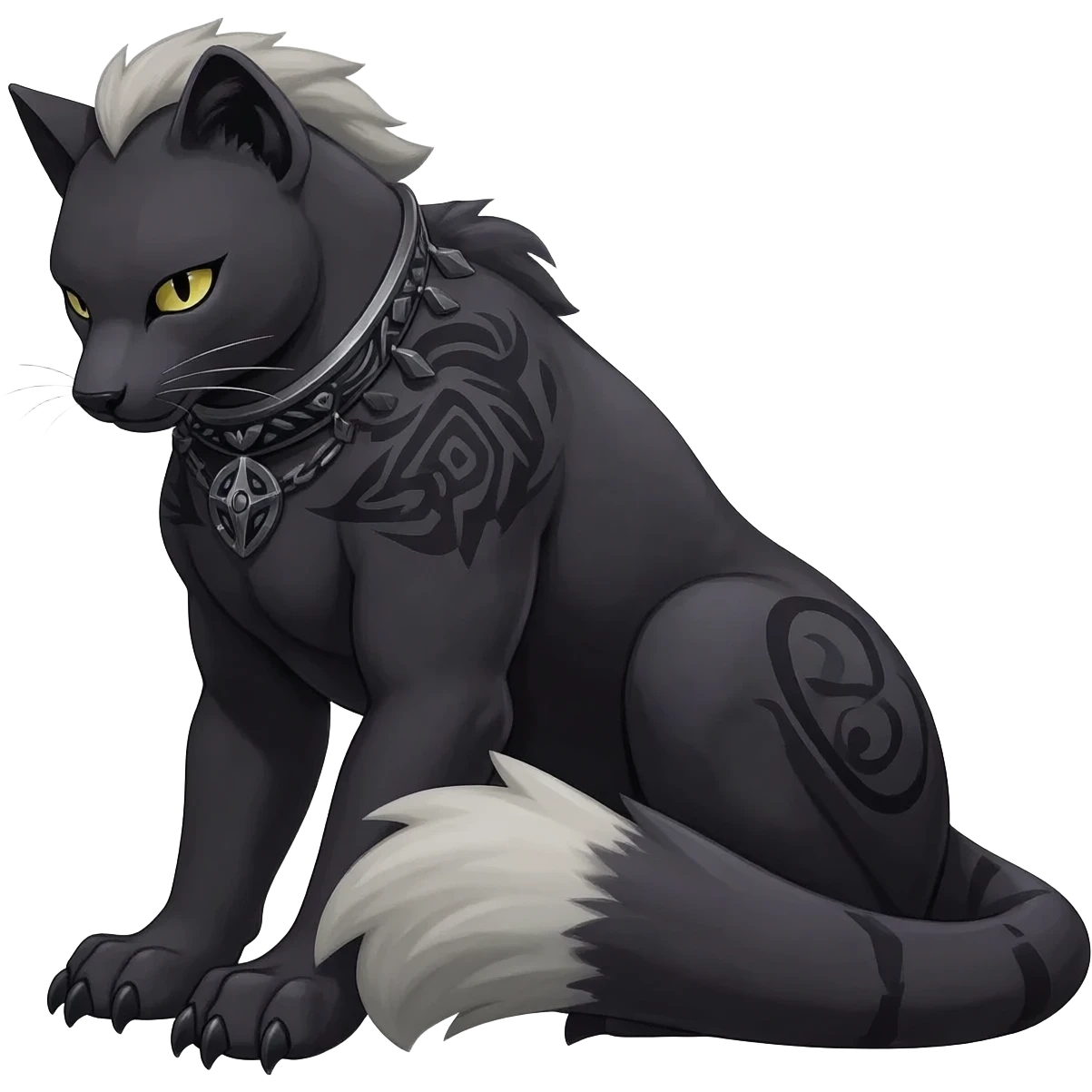 Rare dark dusky dull-colored exotic edgy cool epic aesthetic gothic emo Salandit-Litten-Furfrou-Houndoom-Civet-species-Fakemon-hybrid-creature, with a collar, and with intricate tribal markings, full body emoji