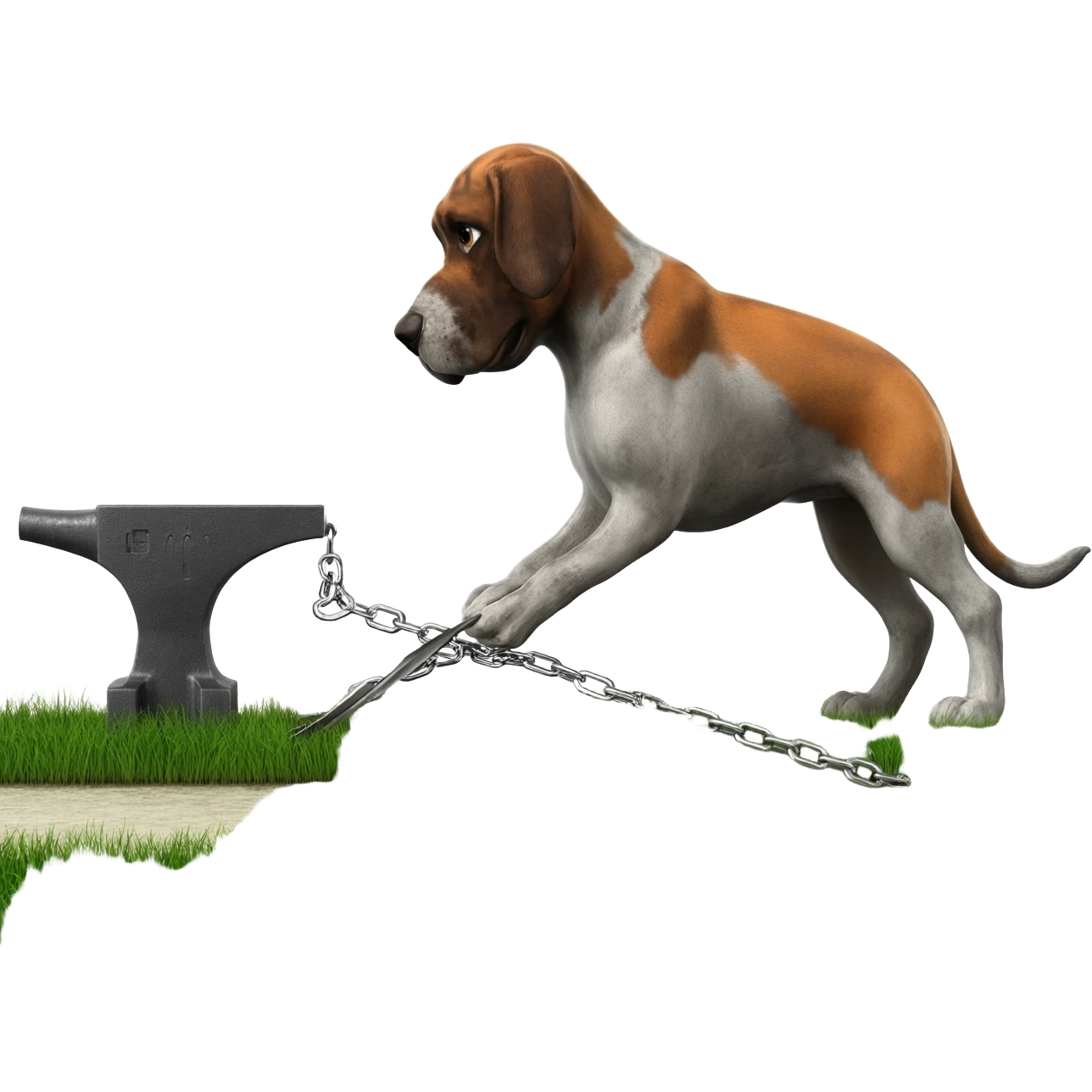 Have green grass under Pack hound standing pulling an anvil with  an electric shaver under anvil  show the green grass behind the anvil shaved lower cut grass path behind anvil.showing a shaven  path along green grass by leads or chains. Show the shaver cutting the grass emoji