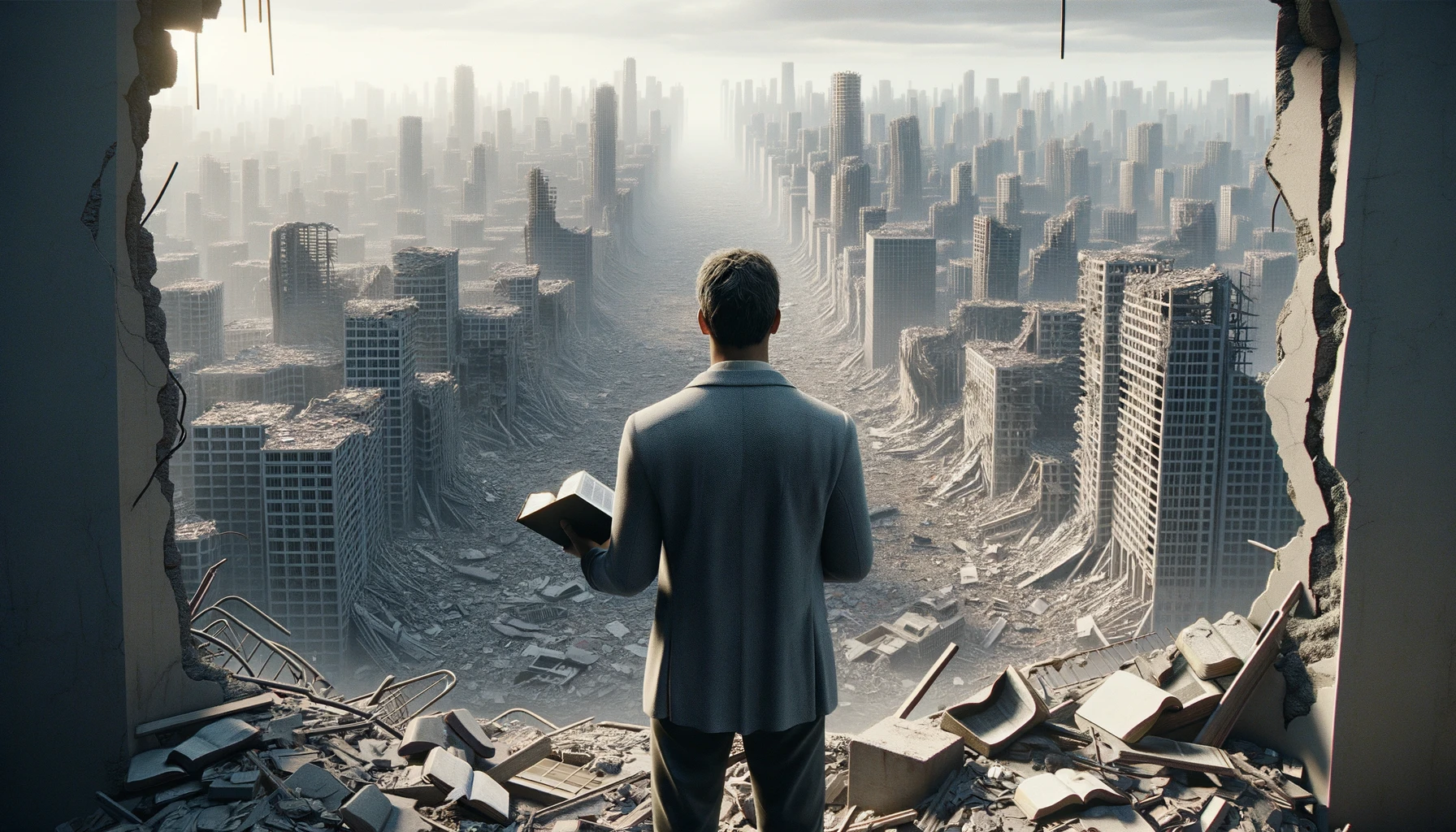 UOMO DI SPALLE DAVANTI AD UNA CITTà SMANTELLATA SENZA MURA CON UNA BIBBIA IN MANO, GUARDA LA CITTà, IPERREALISTICO 4K emoji