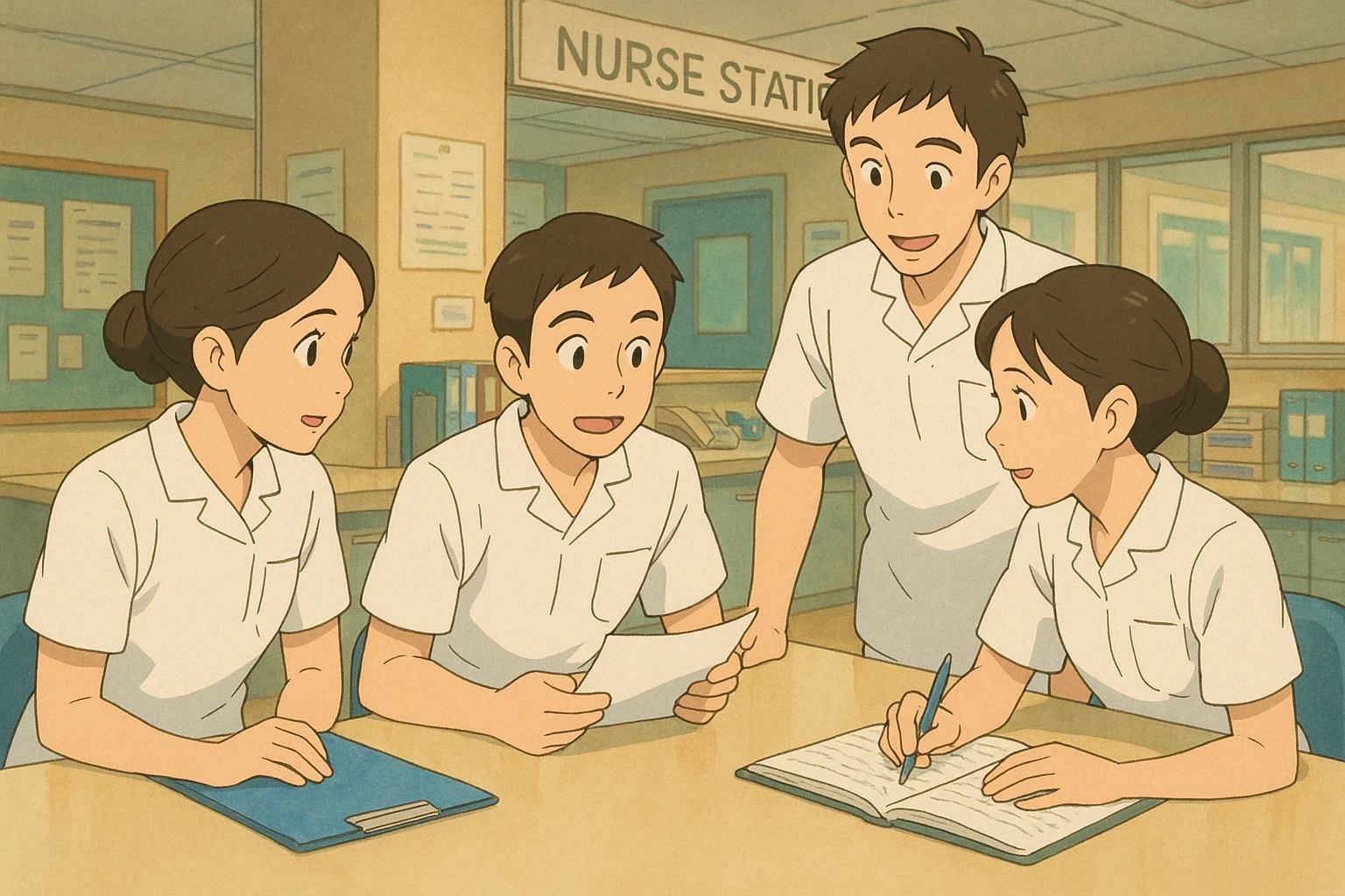 groupe de quatre étudiants infirmiers discutant et travaillant ensemble dans un poste de soin, style Ghibli, uniformes blancs à manches courtes, tuniques médicales col en V, poche poitrine à gauche, sans pied de col ni accessoires, ambiance d'équipe emoji