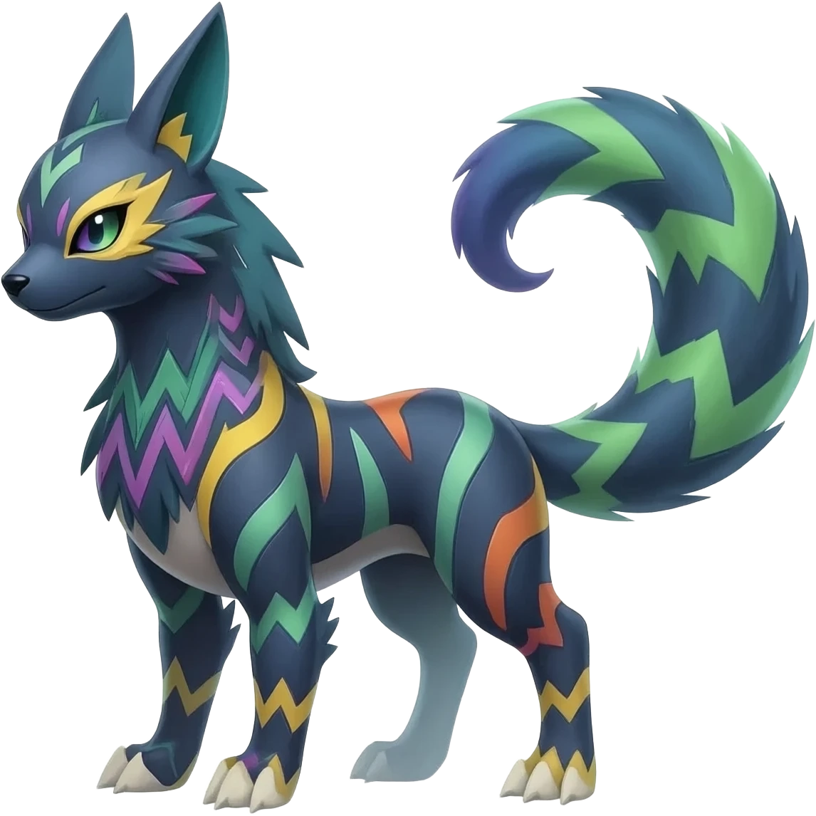 Hyper-realistic cool edgy badass zigzag-striped etched marked elegant Colorful Skilled Adept Graceful Asian Painted Meloetta-Furret-Lycanroc-Zangoose-fusion-hybrid-creature (full body) emoji