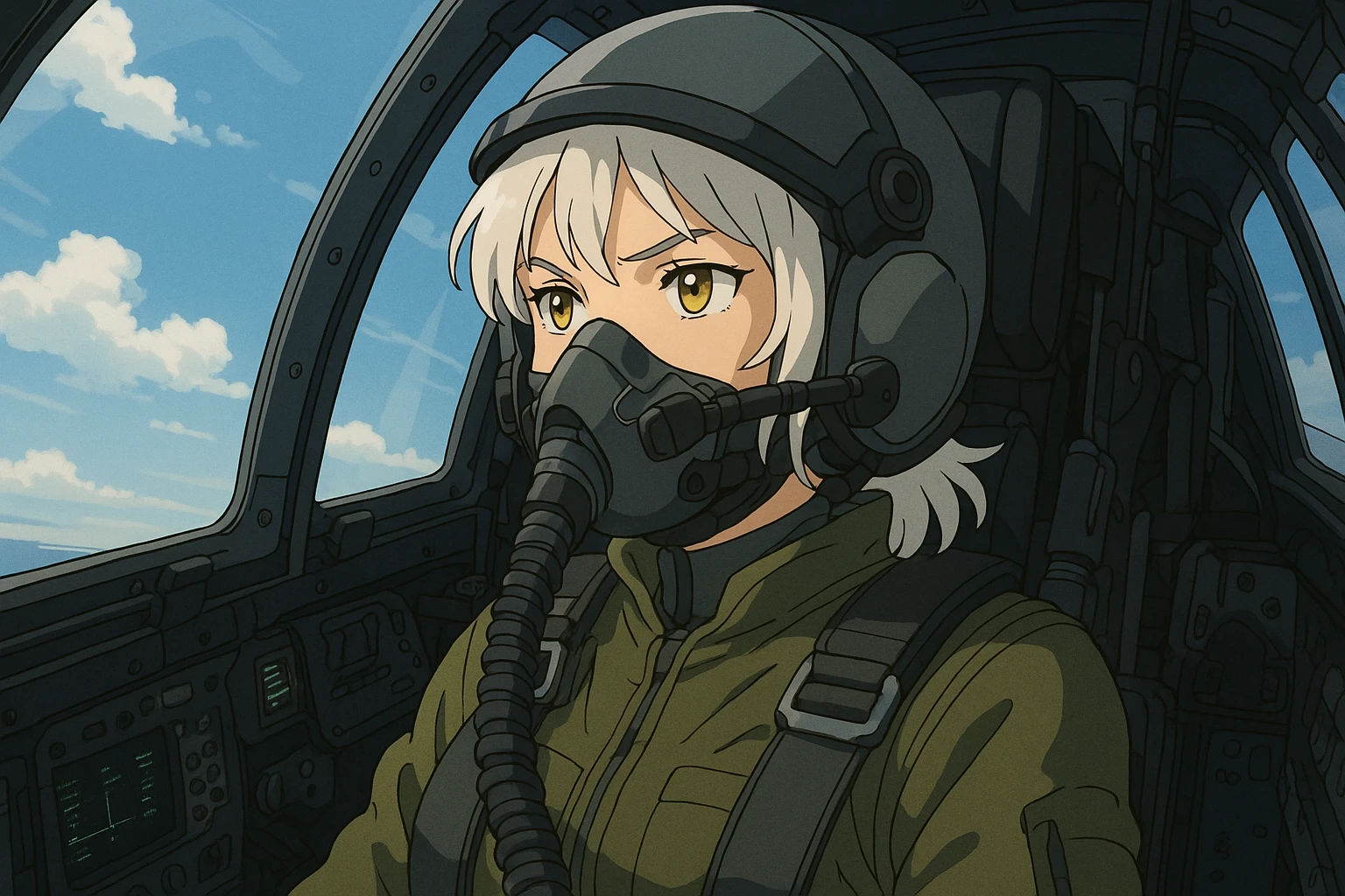 INSIDE of a modern fighter cockpit, the pilot is 1 female, white hair, gold yellow eyes, wearing a pilot face helmet and pilot jumpsuit. modern era, future warfare emoji