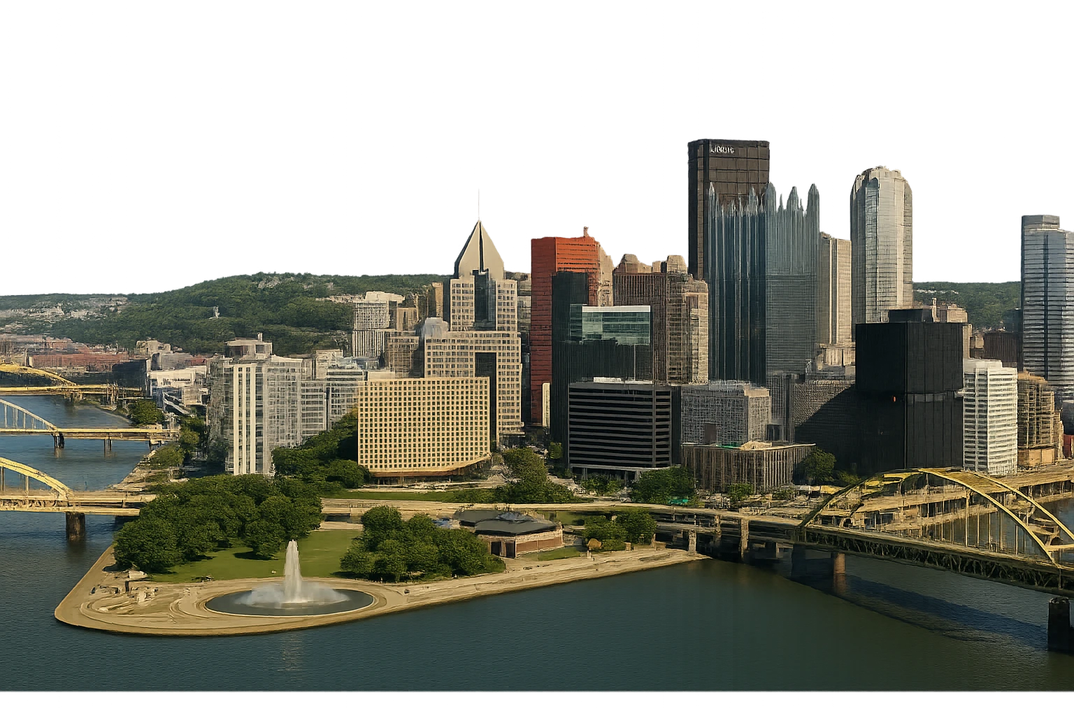cinematic, realistic emoji of Pittsburgh, wide city view featuring only real, iconic landmarks including Point State Park Fountain, PPG Place, U.S. Steel Tower, and the city’s famous bridges, lifelike detail, accurate colors, bright daytime lighting, fully transparent background, no sky, no clouds, no imaginary or generic buildings emoji