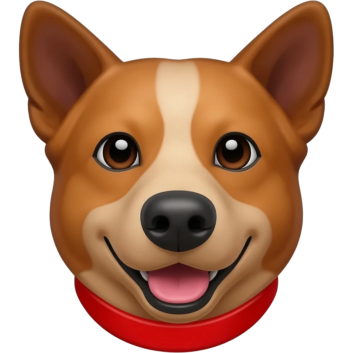 Just face and neck of a Bentley red Australian cattle dog with red under chin and red neck. No collar and happy open mouth emoji