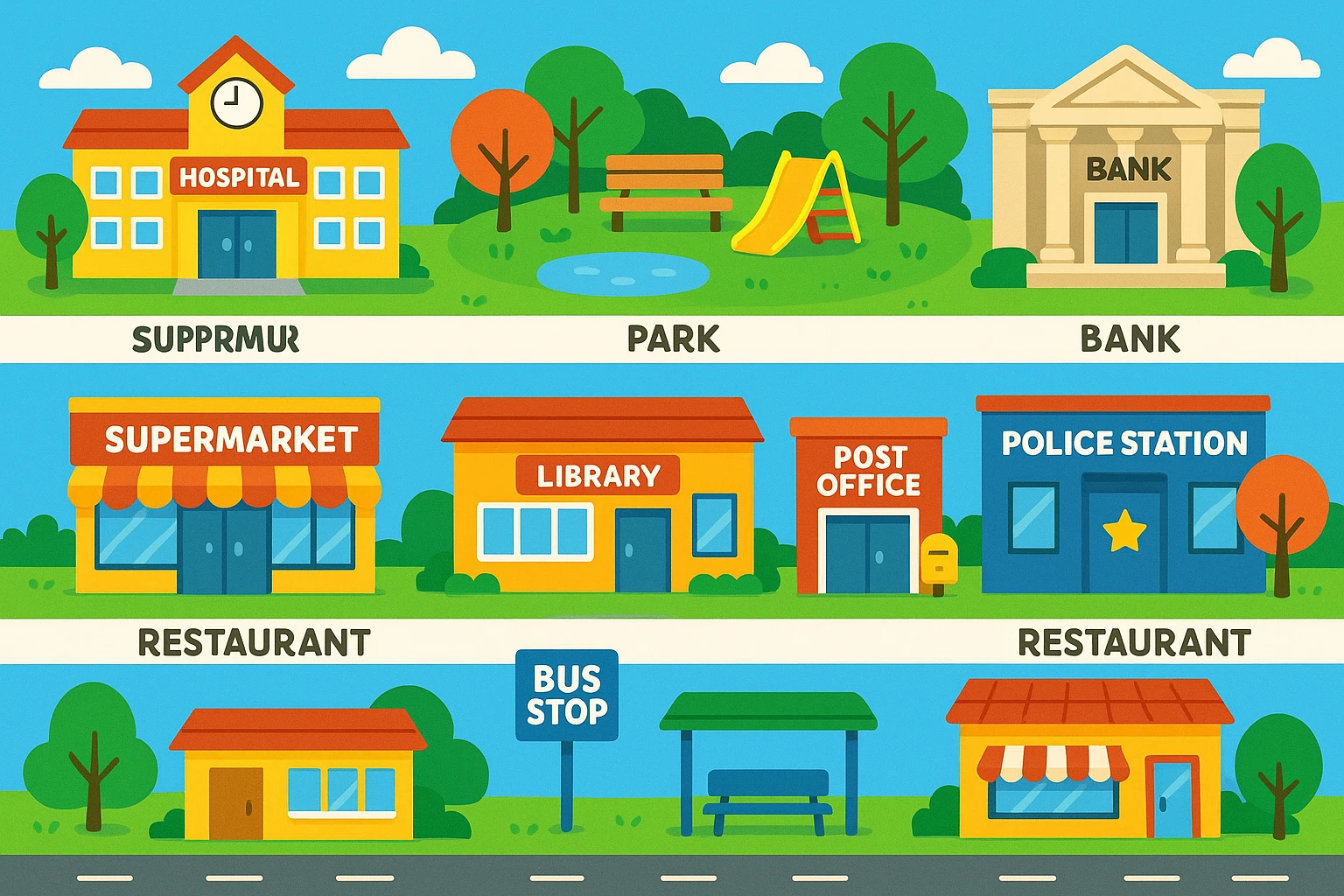 vibrant cartoon style image showing ten common places in town: school, hospital, park, bank, supermarket, library, post office, police station, restaurant, bus stop; each place clearly labeled with the label underneath; includes a road and trees; colorful and lively educational English learning material emoji