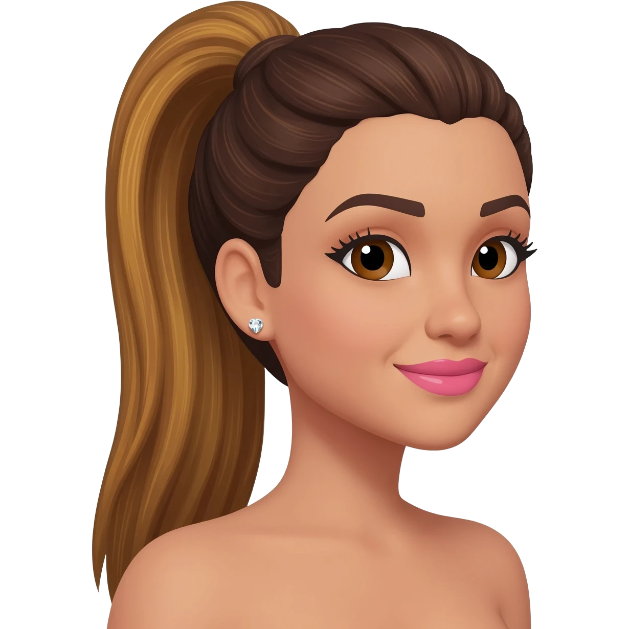 brunette with golden brown long hair with dark brown roots in a sleek high ponytail, dark brown eyes, medium brown eyelash color, full lips, small button nose, fair skinned like of olive color, with full eye lashes, diamond earring studs, with pink lipstick, and nice smile emoji