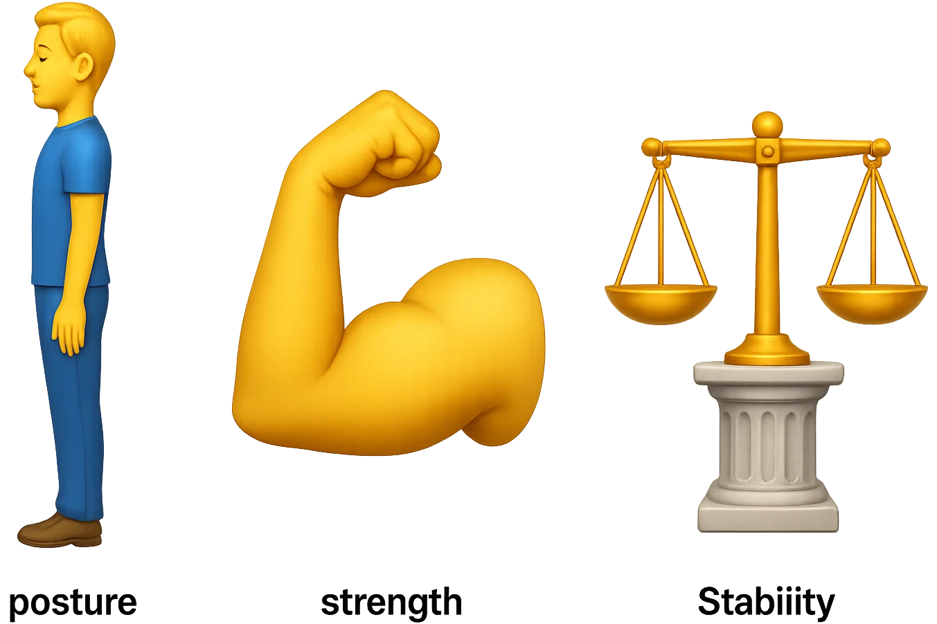 rappresenta con 3 emoji stile iphone questi 3 elementi: postura, forza e stabilità, iperealistico 4k emoji