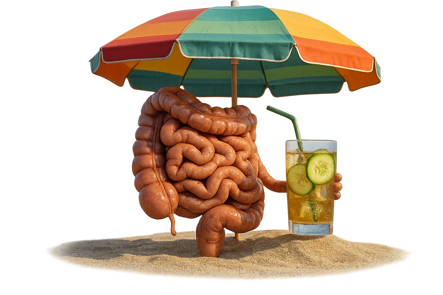 INTESTINO SEDUTO IN SPIAGGIA SOTTO L'OMBRELLONE MENTRE BEVE THè FREDDO CON CETRIOLO
IPERREALISTICO 4K emoji