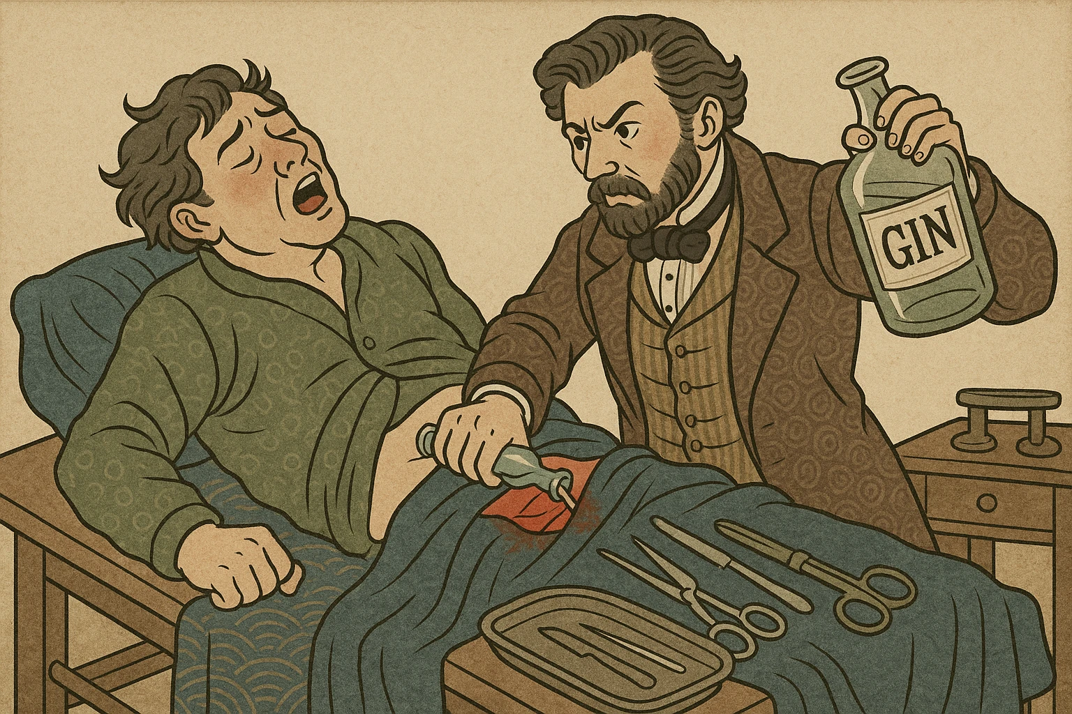 A victorian surgeon using gin on a drunk patient during an operation emoji